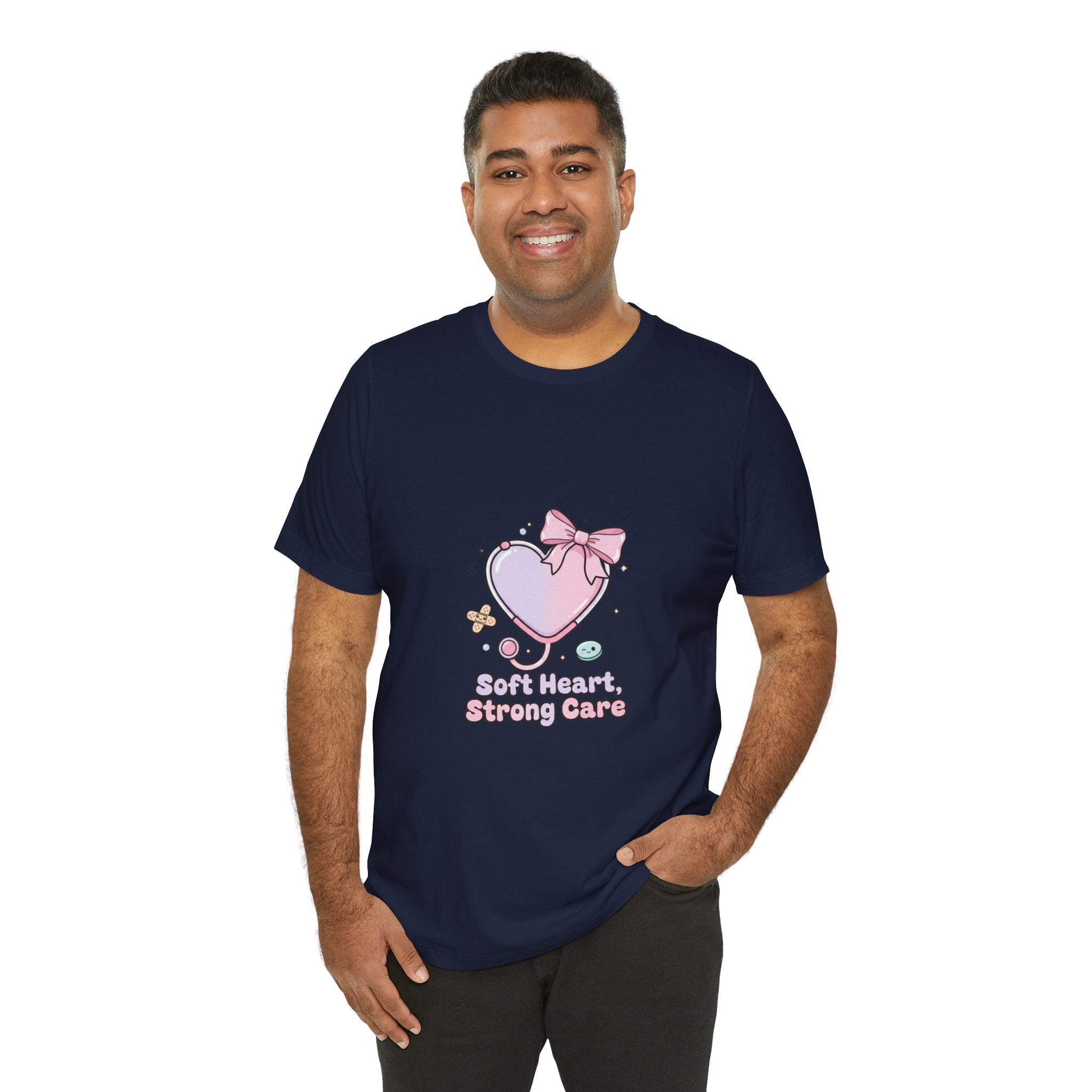 Soft Heart Strong Care T-Shirt | cute nurse graphic, pastel coquette medical shirt Navy