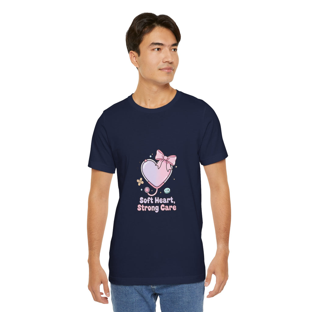 Soft Heart Strong Care T-Shirt | cute nurse graphic, pastel coquette medical shirt Navy