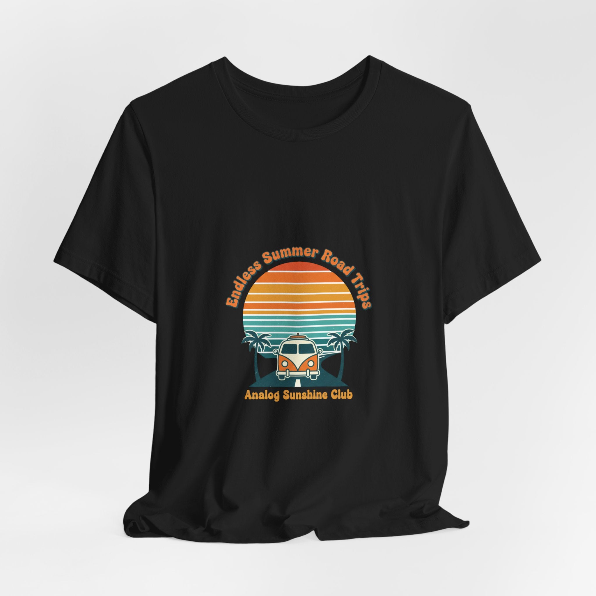 Retro 70s Sunset Surf Graphic Tee | Vintage Palm Golden Hour Postcard Navy