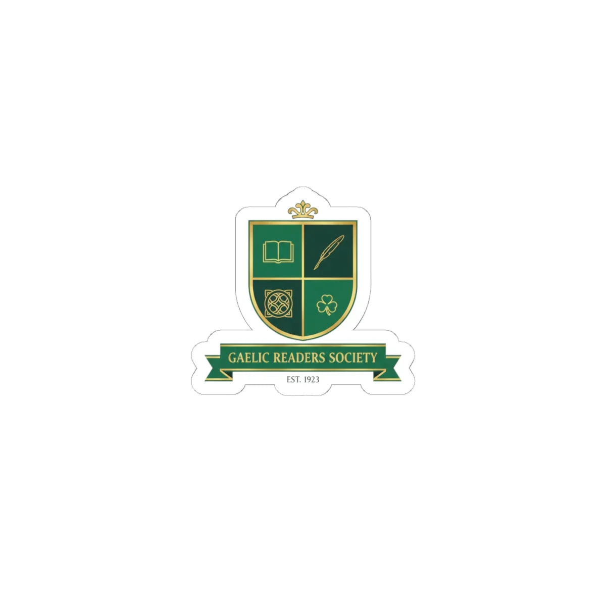 Green and gold Gaelic Readers Society crest sticker with book, quill, knot, and shamrock icons