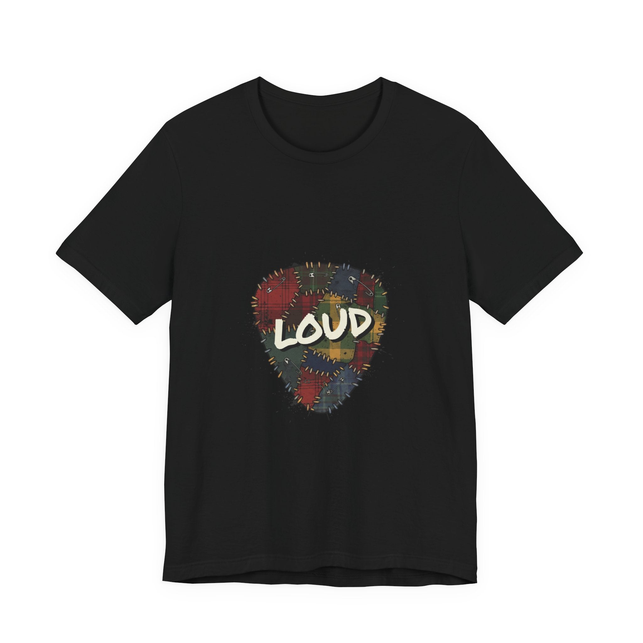 Loud Plaid Patchwork Guitar Pick Tee | Grunge Shirt, 90s Rock Revival Black