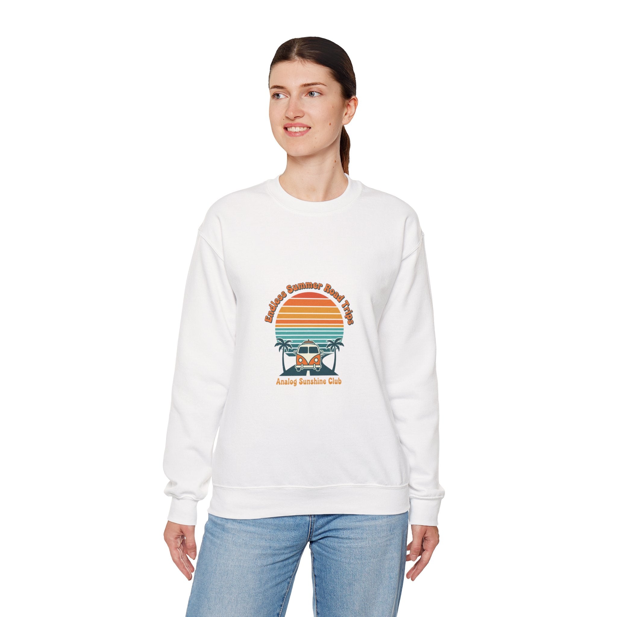 Vintage 70s Sunset Camper Crewneck Sweatshirt | Retro Surf Graphic, Golden Hour Postcard Navy