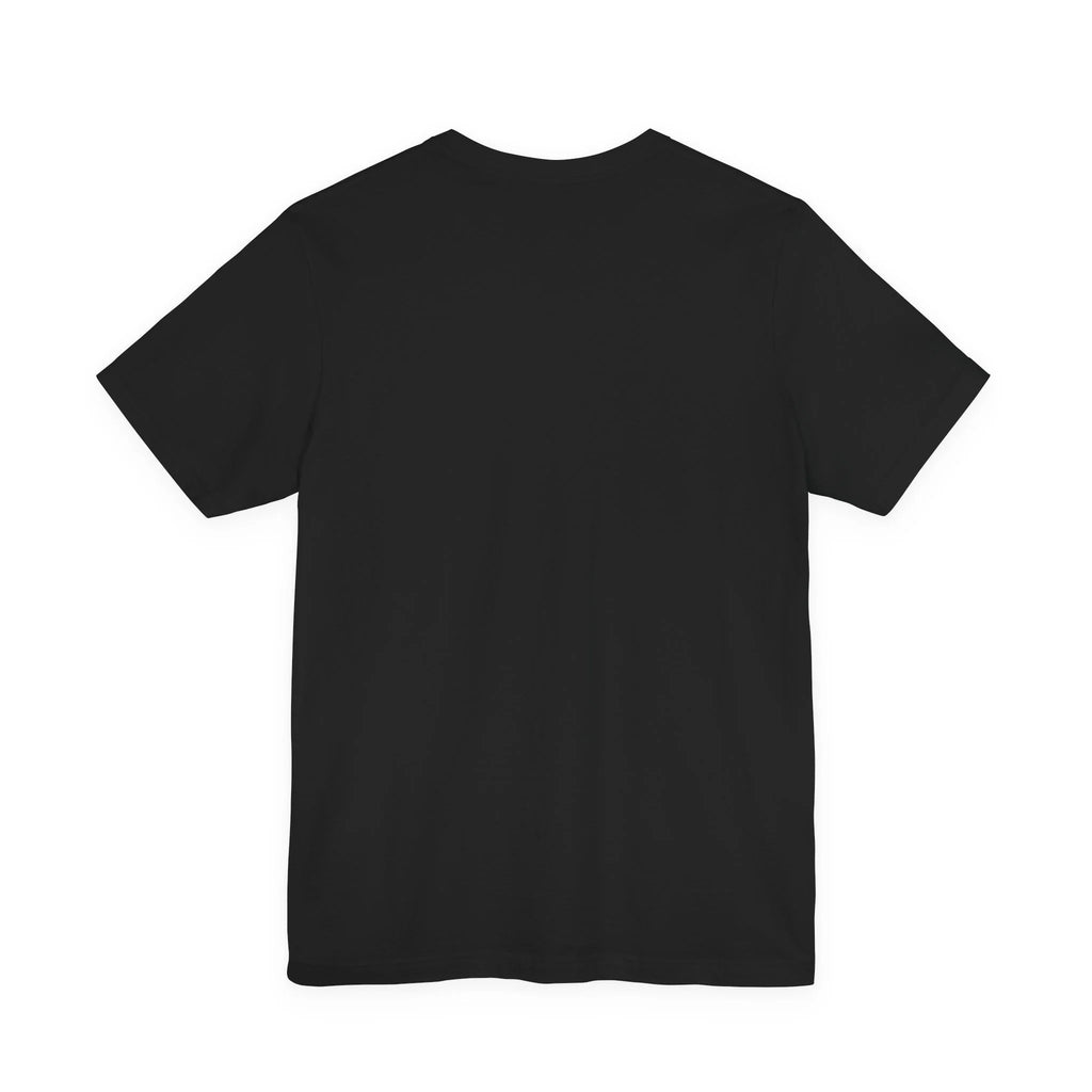 Plain black short sleeve t-shirt, back view, on white background