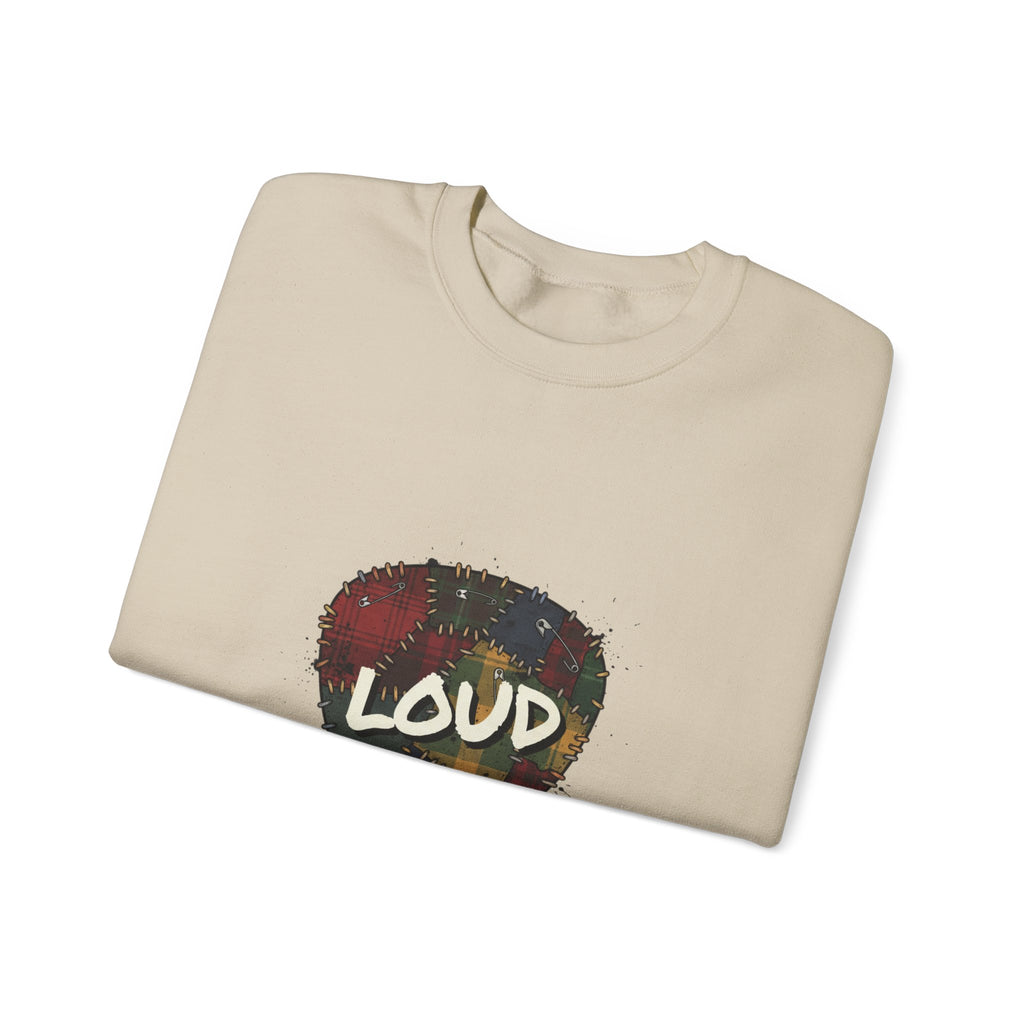 Loud Plaid Guitar Pick Crewneck Sweatshirt | Grunge Revival, 90s Flannel Aesthetic Navy