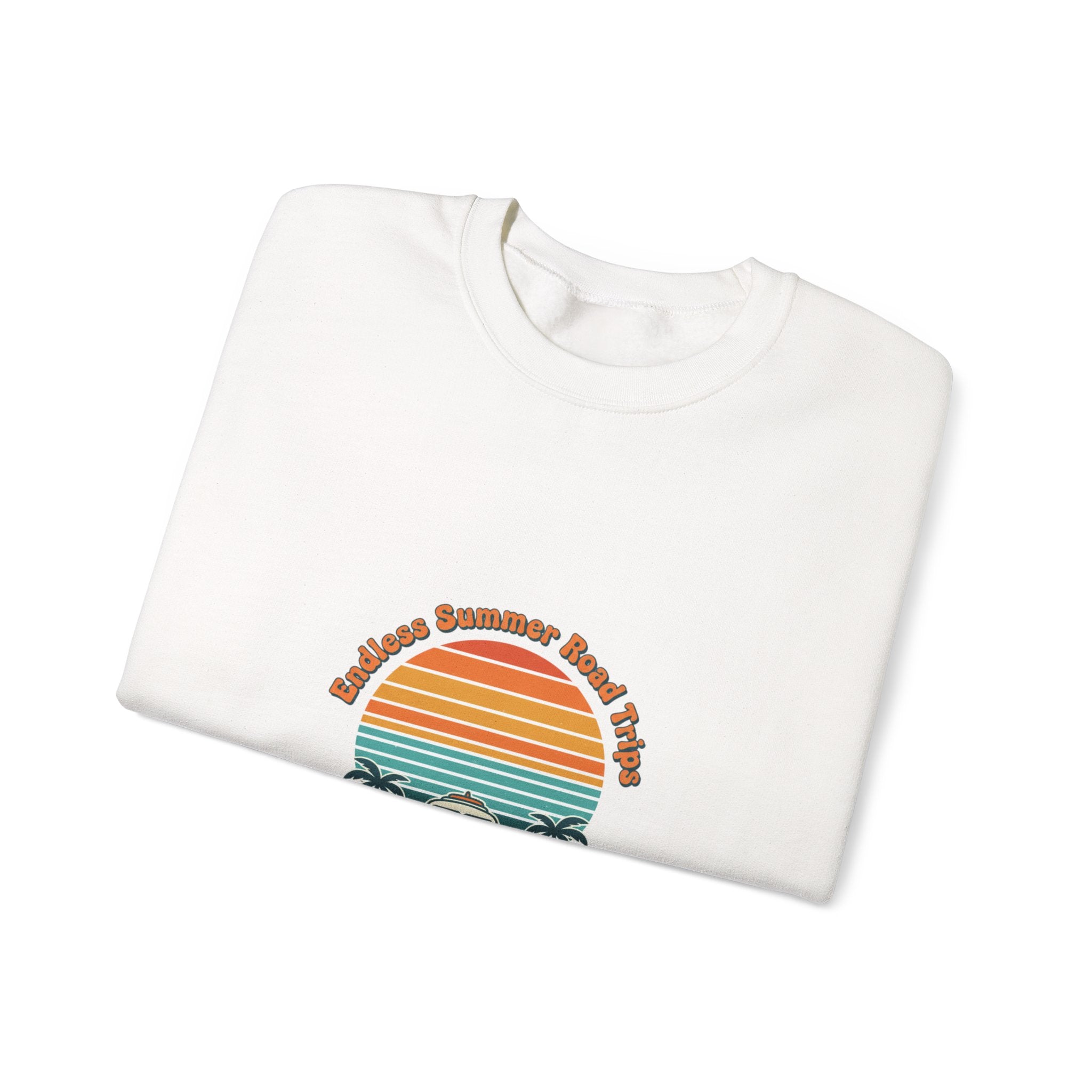 Vintage 70s Sunset Camper Crewneck Sweatshirt | Retro Surf Graphic, Golden Hour Postcard Navy