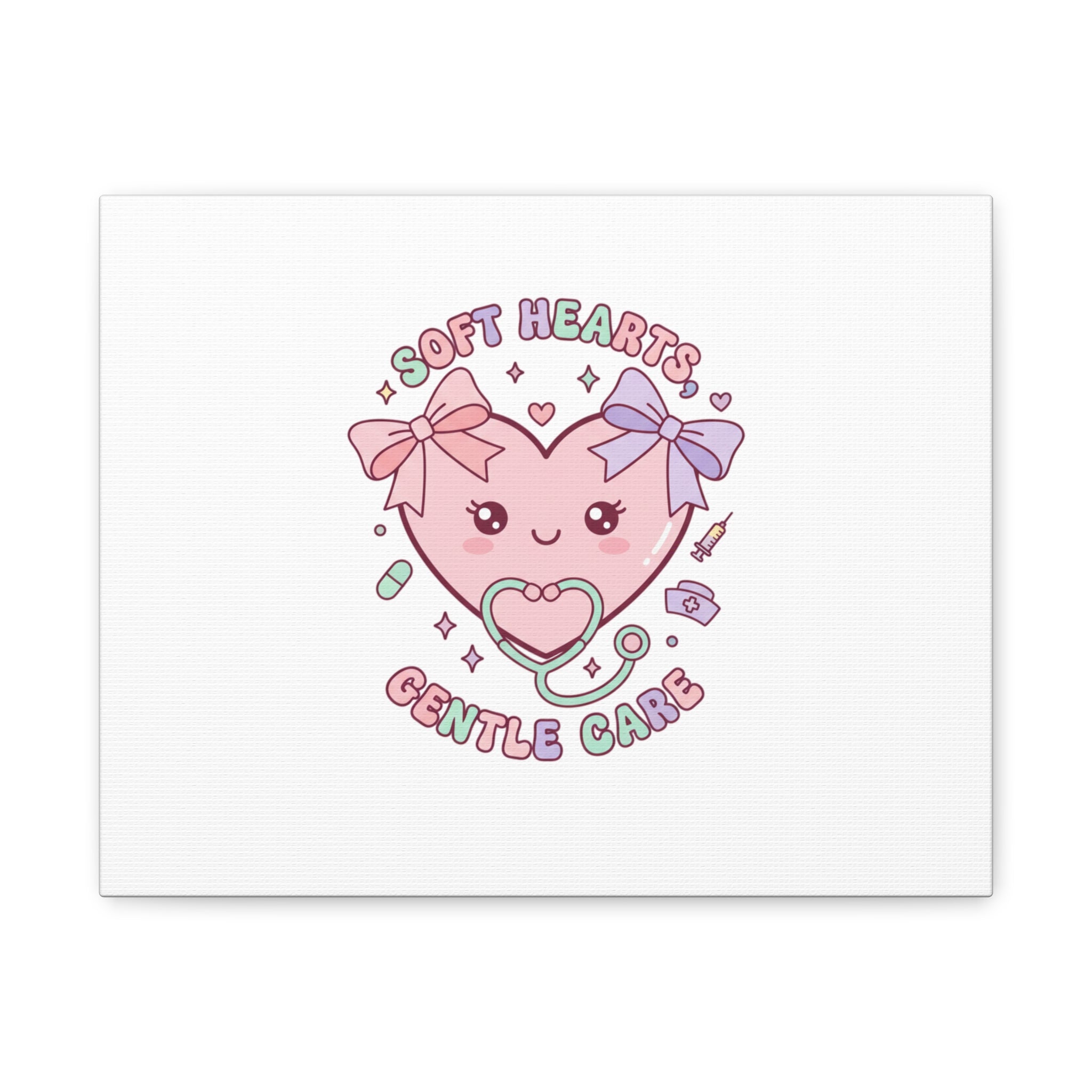 Soft Hearts Gentle Care Canvas, Cute Nurse Graphic | Pastel Coquette Medical Art 14″ x 11″ (Horizontal) 1.25"