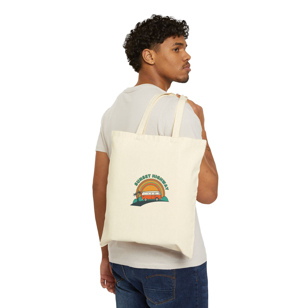 Sunset Highway VW Van Tote | 1970s Retro Surf Graphic, Golden Hour Postcard