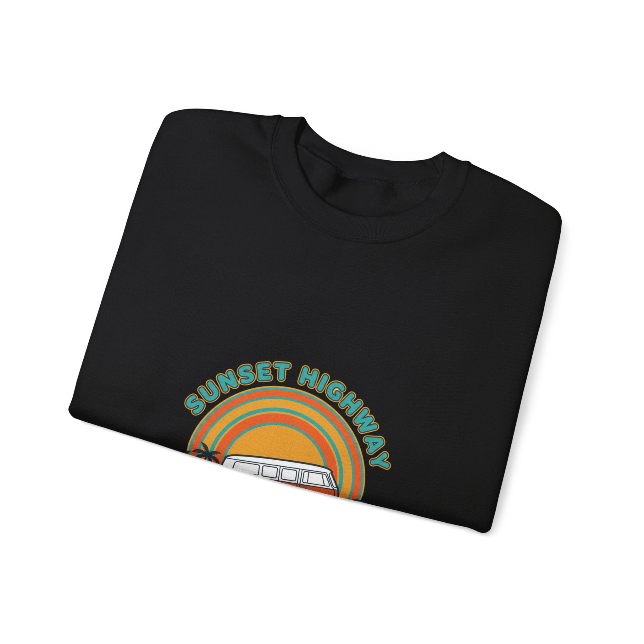 Sunset Highway Retro Surf Graphic Sweatshirt | 1970s Analog Sunshine, Vintage Palm Navy