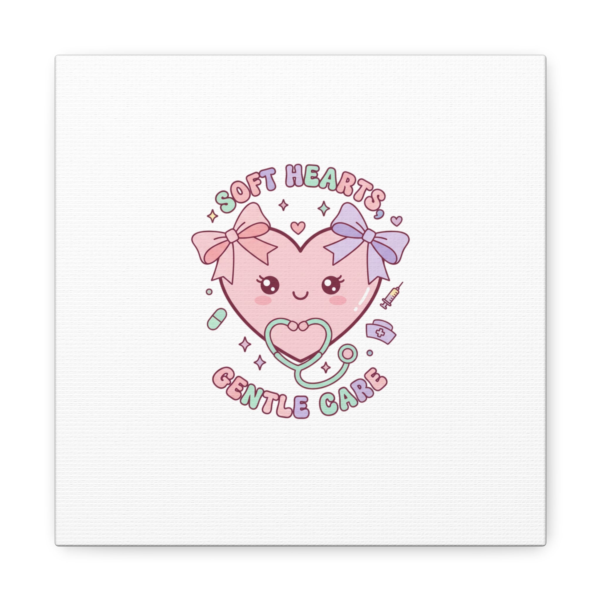 Soft Hearts Gentle Care Canvas, Cute Nurse Graphic | Pastel Coquette Medical Art 10″ x 10″ 1.25"