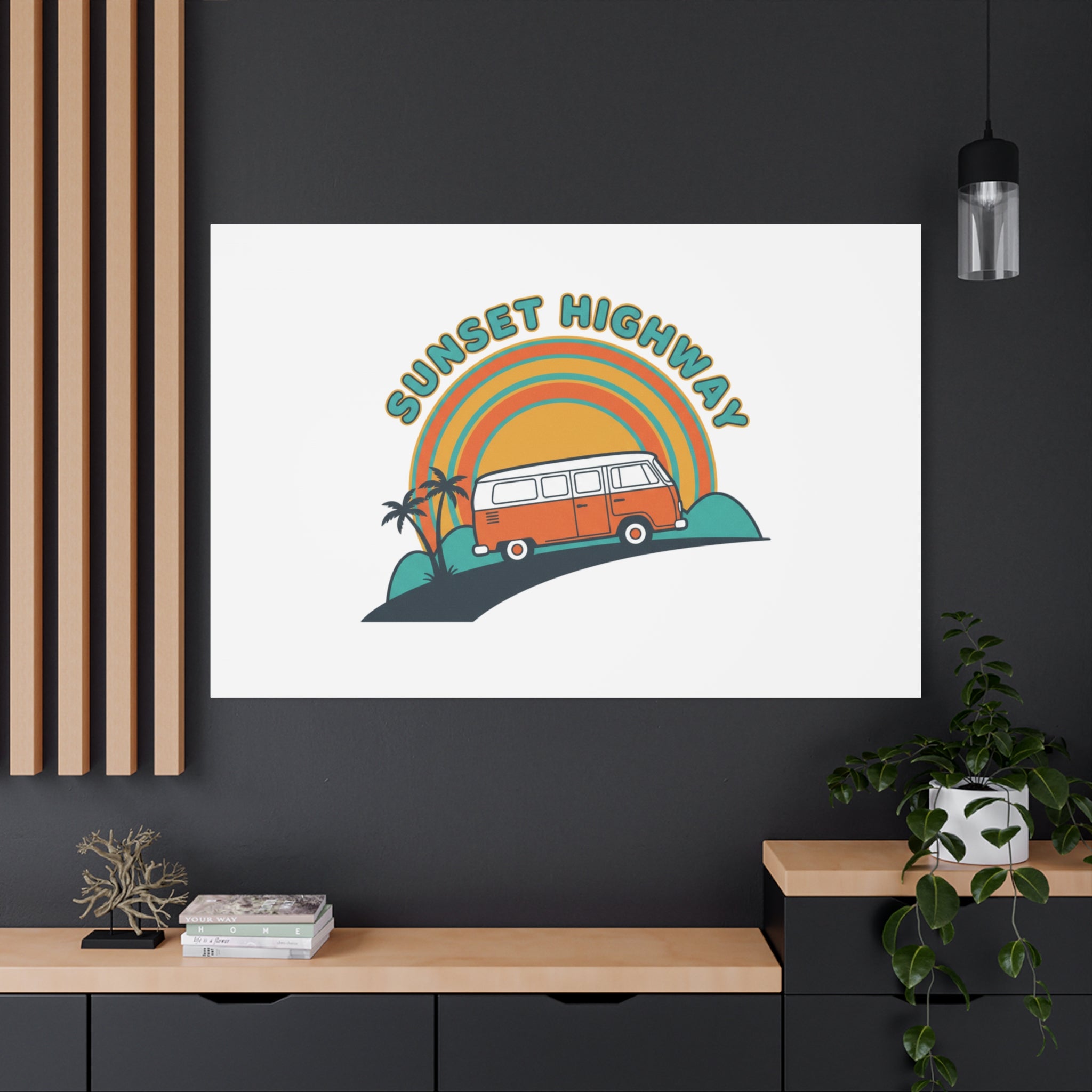 Sunset Highway Van Canvas | 1970s Retro Surf, Vintage Palm Poster 36" x 36" 1.25"
