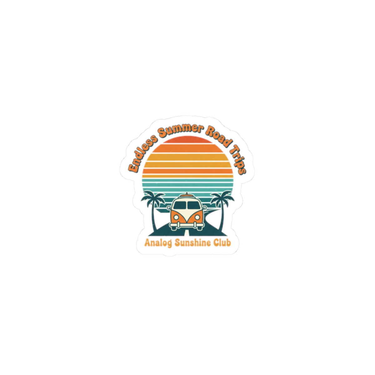 Retro VW Camper Sunset Sticker | 70s sunset, vintage palm postcard 2" × 2" White