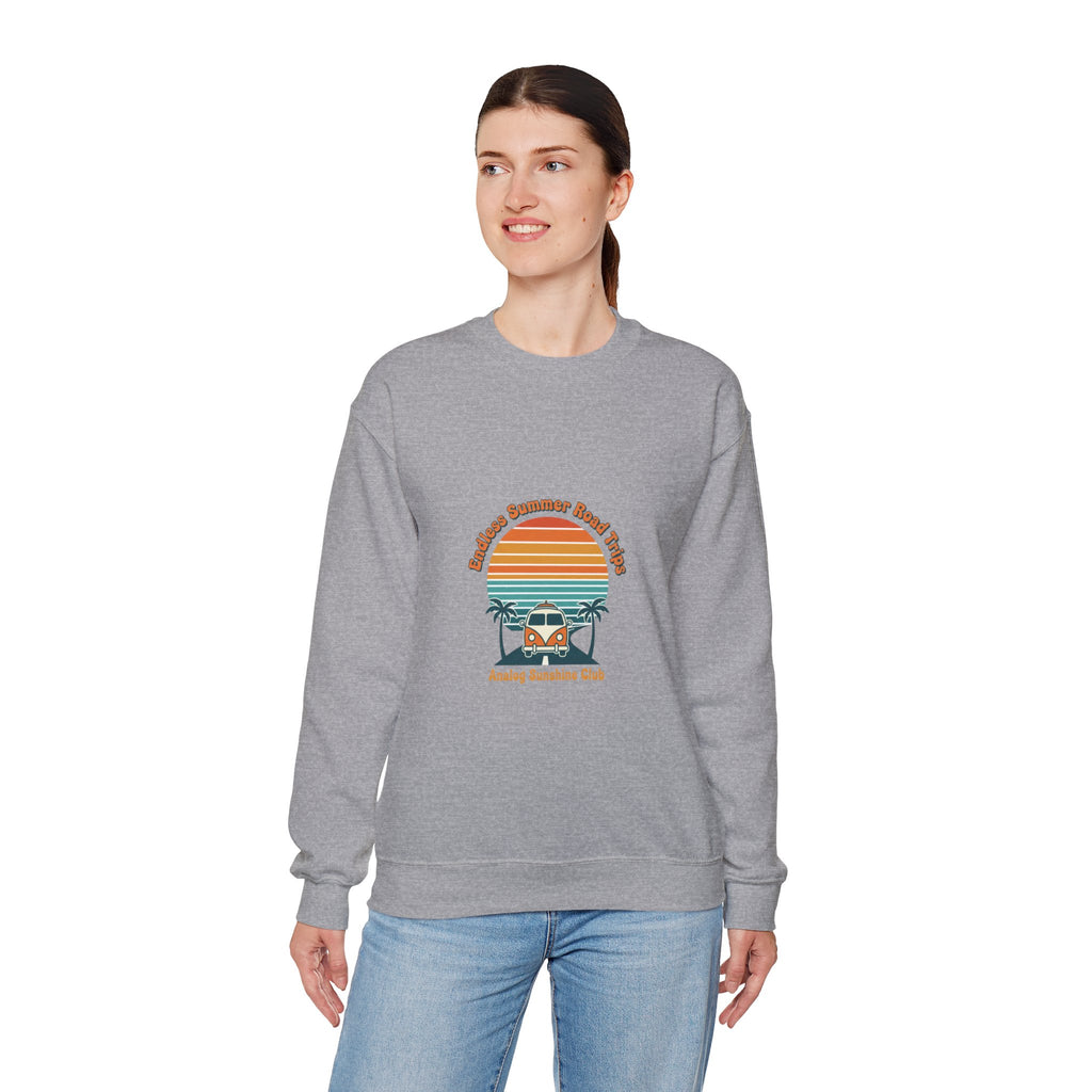 Vintage 70s Sunset Camper Crewneck Sweatshirt | Retro Surf Graphic, Golden Hour Postcard Navy