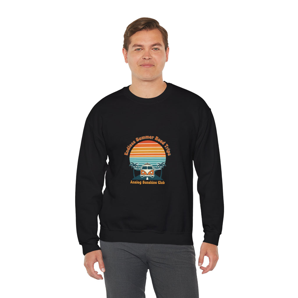 Vintage 70s Sunset Camper Crewneck Sweatshirt | Retro Surf Graphic, Golden Hour Postcard Navy