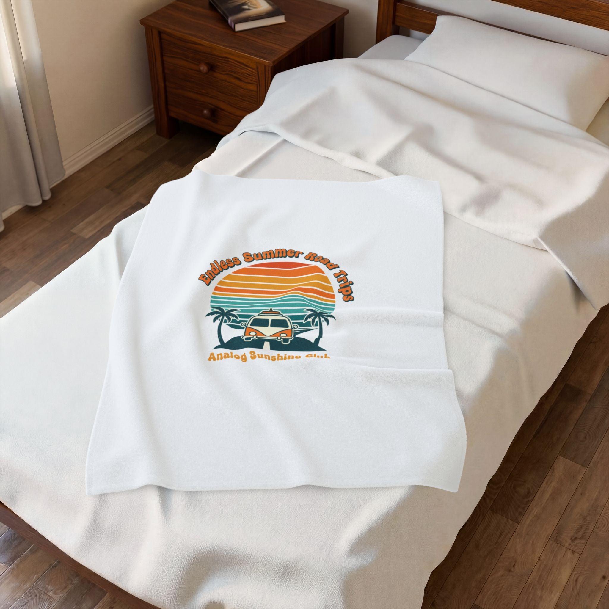 Retro 70s Sunset Surf Van Blanket | Analog Sunshine, Vintage Palm Postcard 30" × 40"