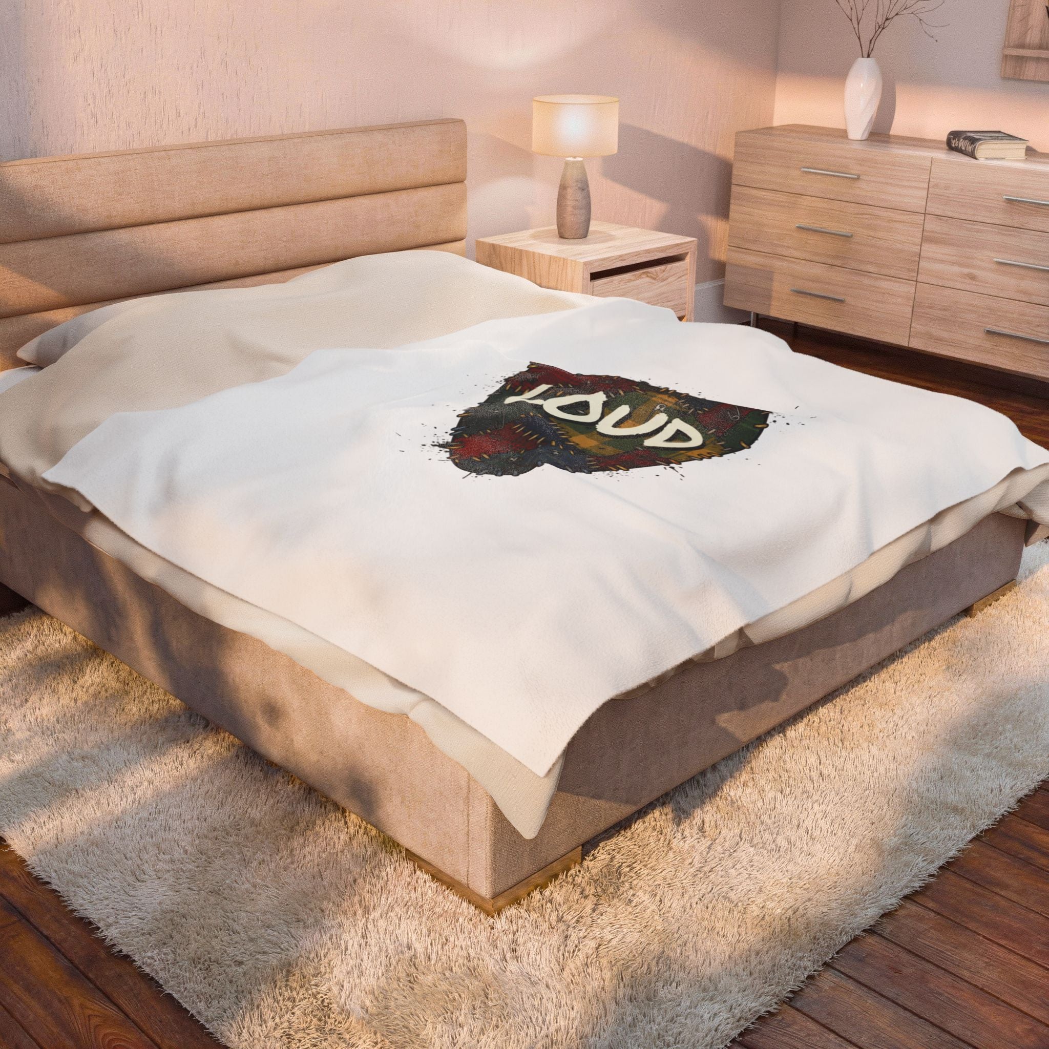 Plaid Patchwork 'Loud' Guitar Pick Velveteen Plush Blanket | Grunge Revival, 90s Flannel Aesthetic. 30" × 40"