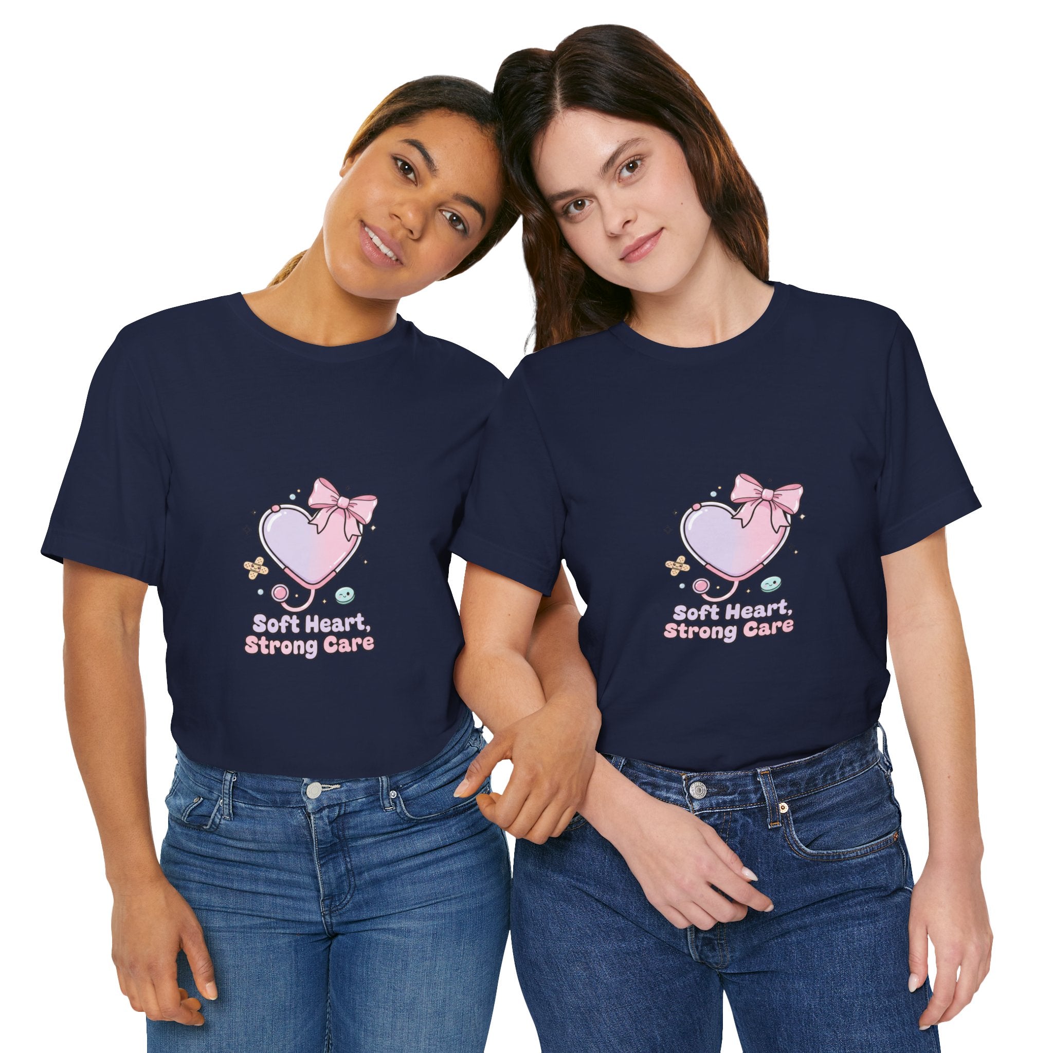 Soft Heart Strong Care T-Shirt | cute nurse graphic, pastel coquette medical shirt Navy