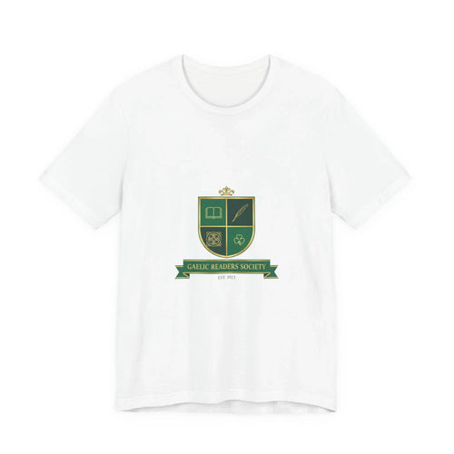 White t-shirt with green Gaelic Readers Society crest and gold accents on the front