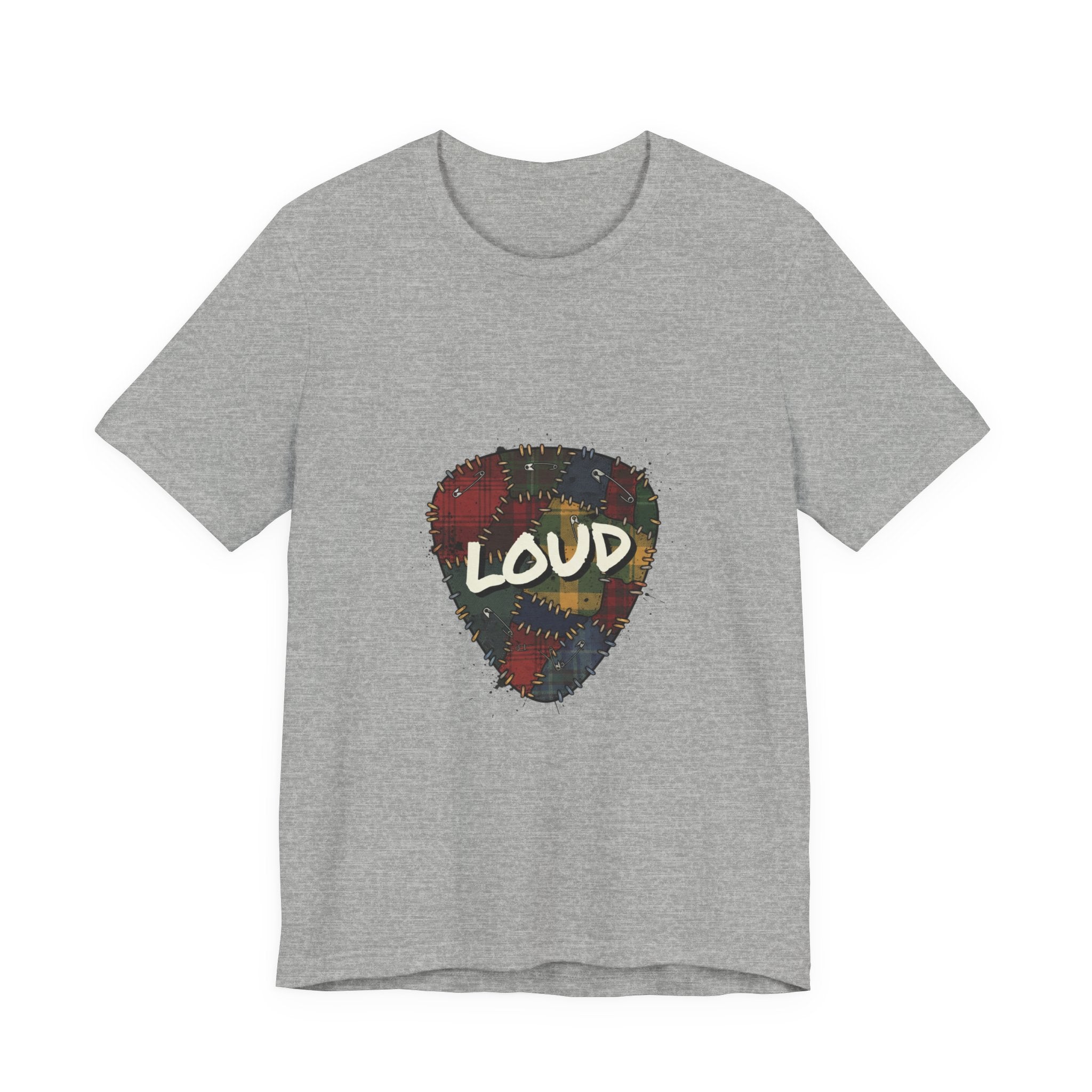 Loud Plaid Patchwork Guitar Pick Tee | Grunge Shirt, 90s Rock Revival Athletic Heather