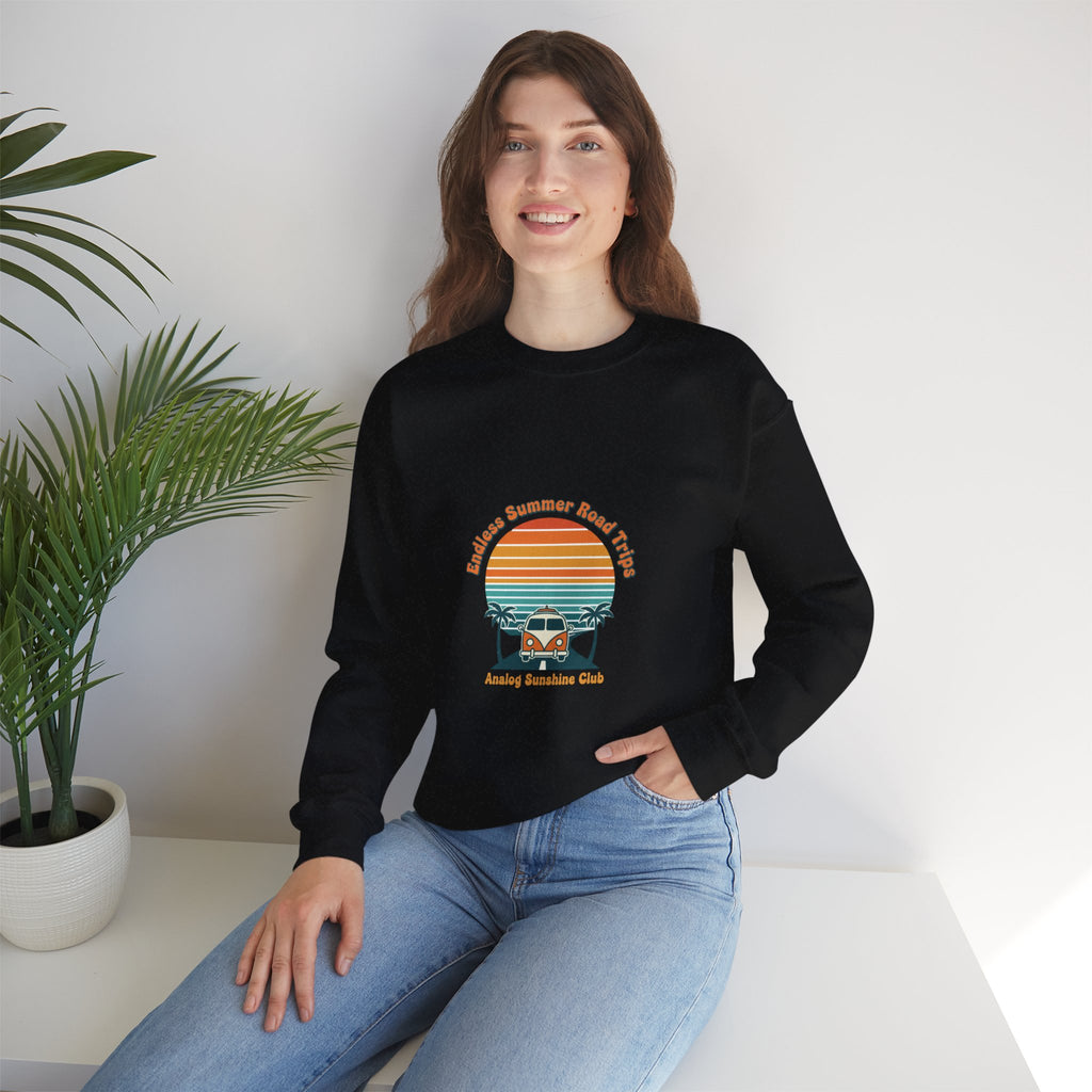 Vintage 70s Sunset Camper Crewneck Sweatshirt | Retro Surf Graphic, Golden Hour Postcard Navy