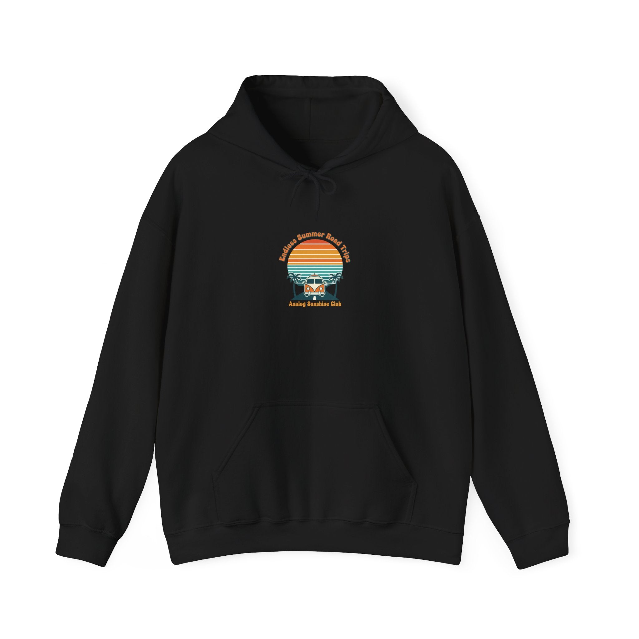 Retro 70s Sunset Surf Hoodie | vintage palm golden hour postcard design Black