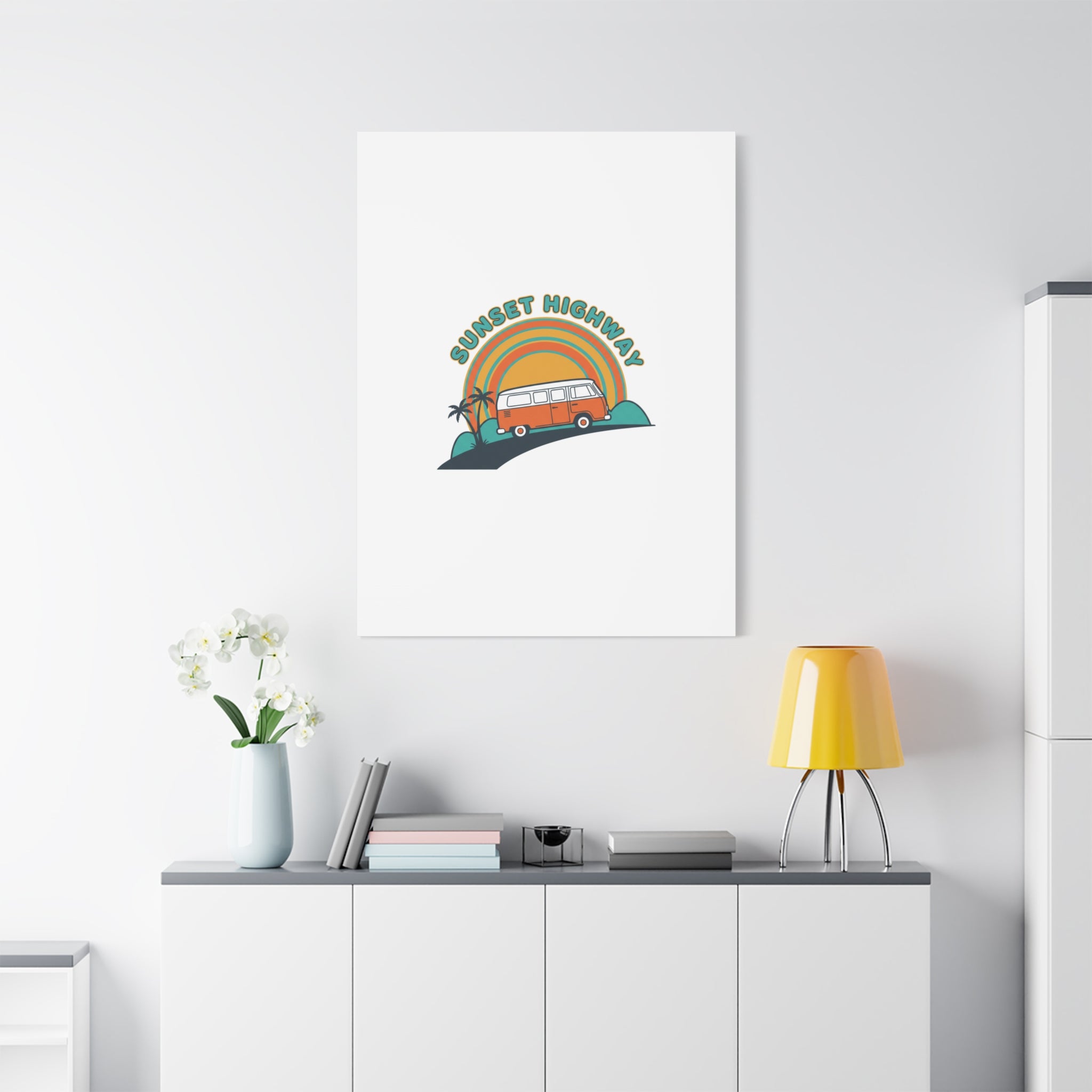 Sunset Highway Van Canvas | 1970s Retro Surf, Vintage Palm Poster 36" x 36" 1.25"