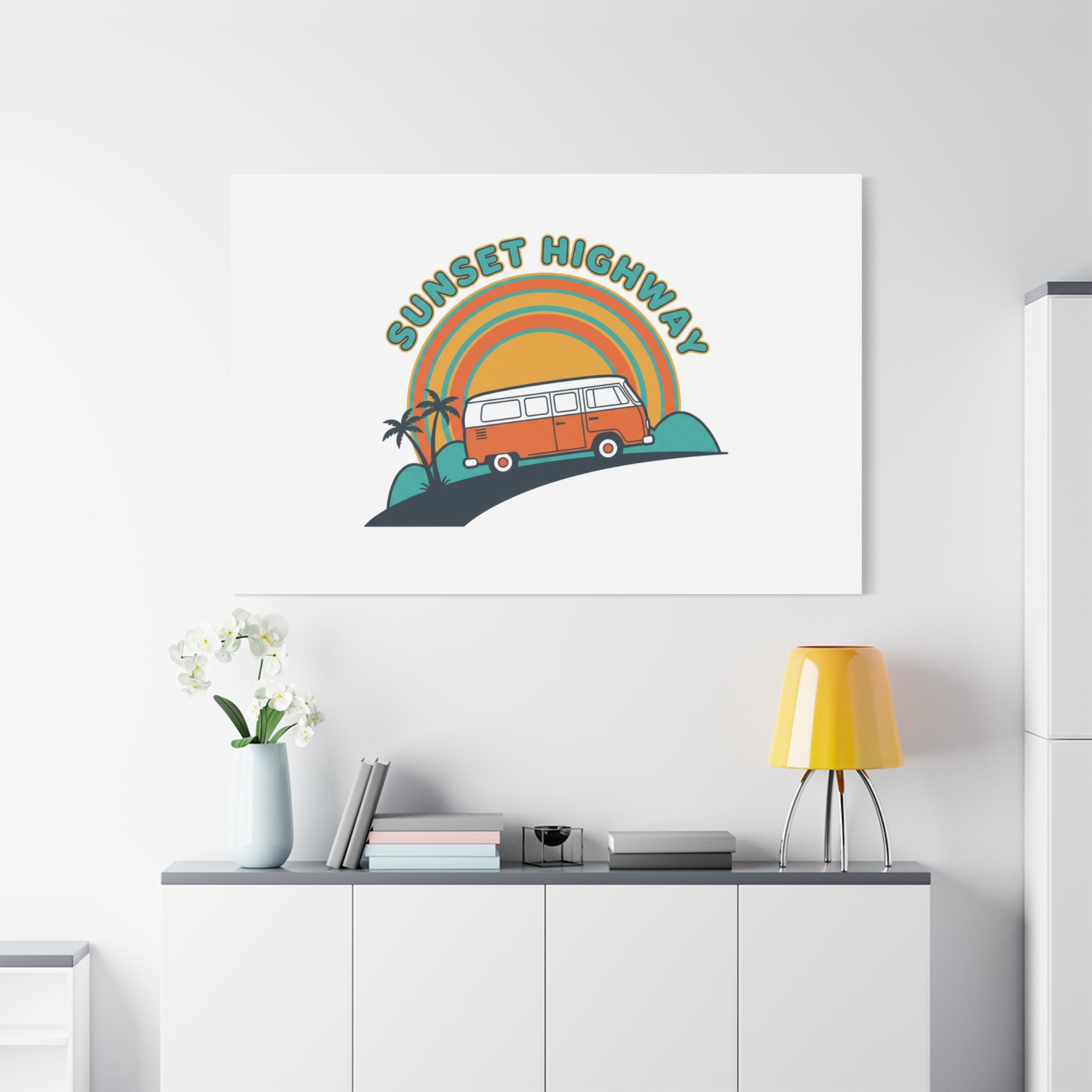Sunset Highway Van Canvas | 1970s Retro Surf, Vintage Palm Poster 36" x 36" 1.25"