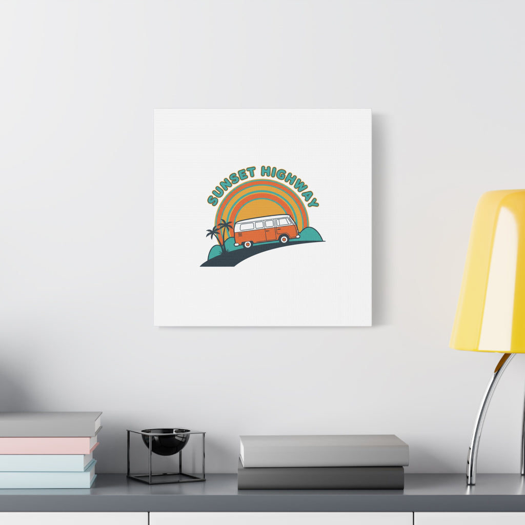 Sunset Highway Van Canvas | 1970s Retro Surf, Vintage Palm Poster 36" x 36" 1.25"
