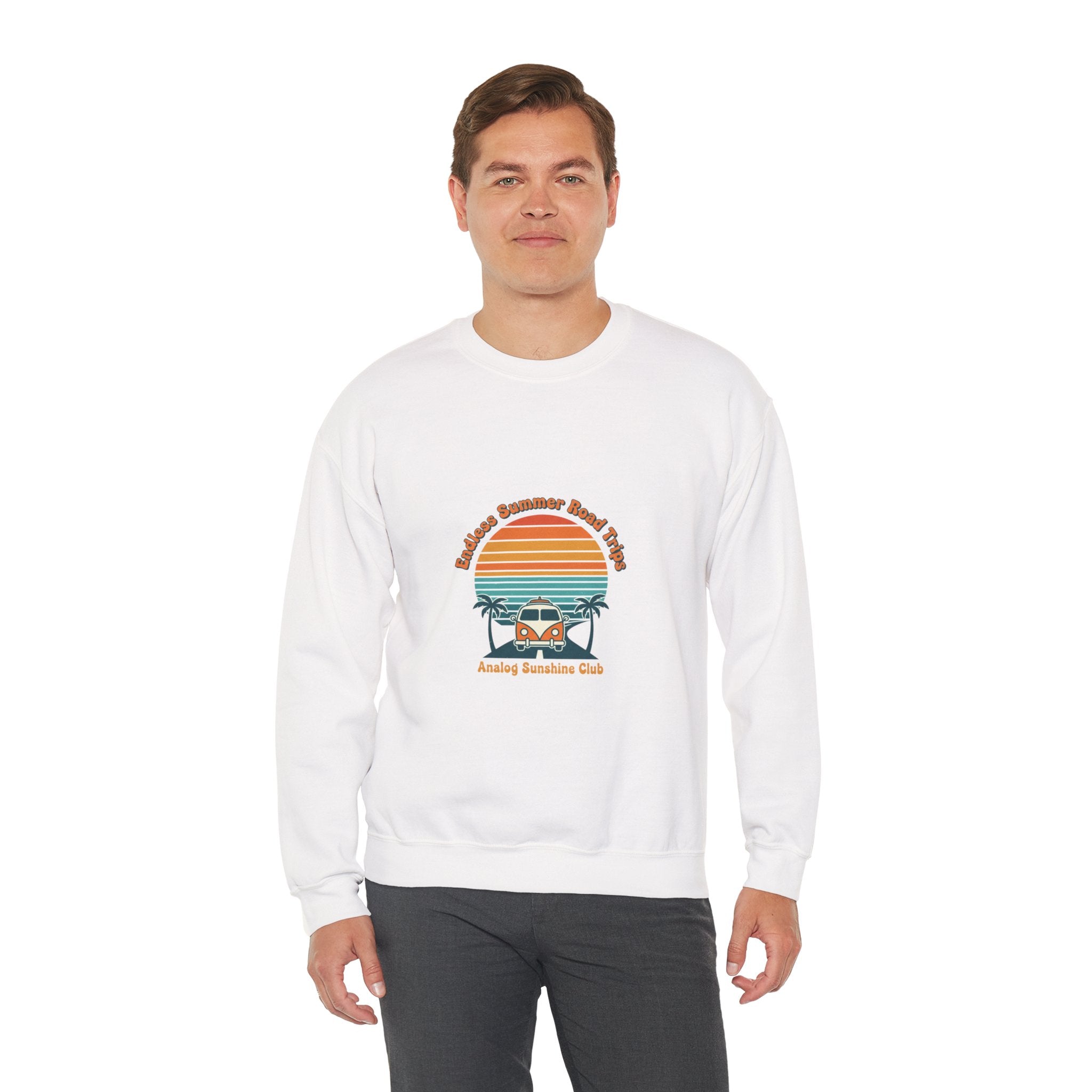 Vintage 70s Sunset Camper Crewneck Sweatshirt | Retro Surf Graphic, Golden Hour Postcard Navy