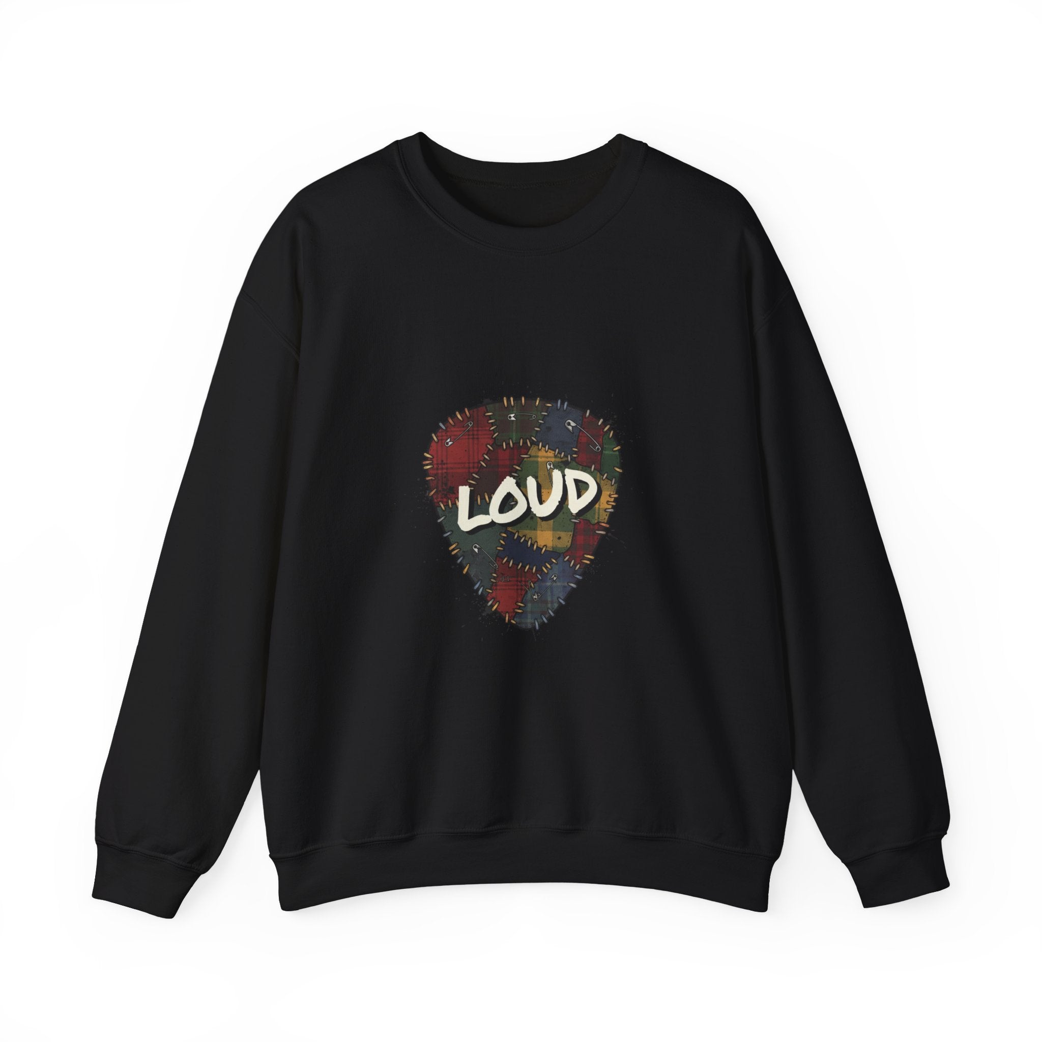 Loud Plaid Guitar Pick Crewneck Sweatshirt | Grunge Revival, 90s Flannel Aesthetic Black