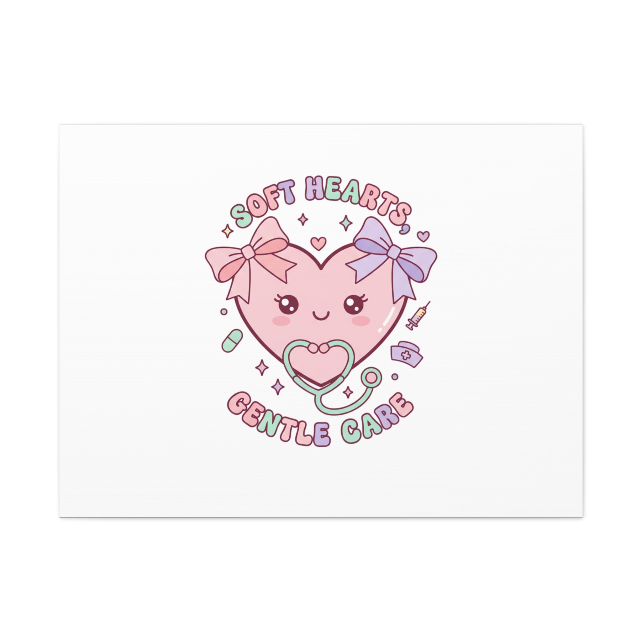 Soft Hearts Gentle Care Canvas, Cute Nurse Graphic | Pastel Coquette Medical Art 40" x 30" (Horizontal) 1.25"