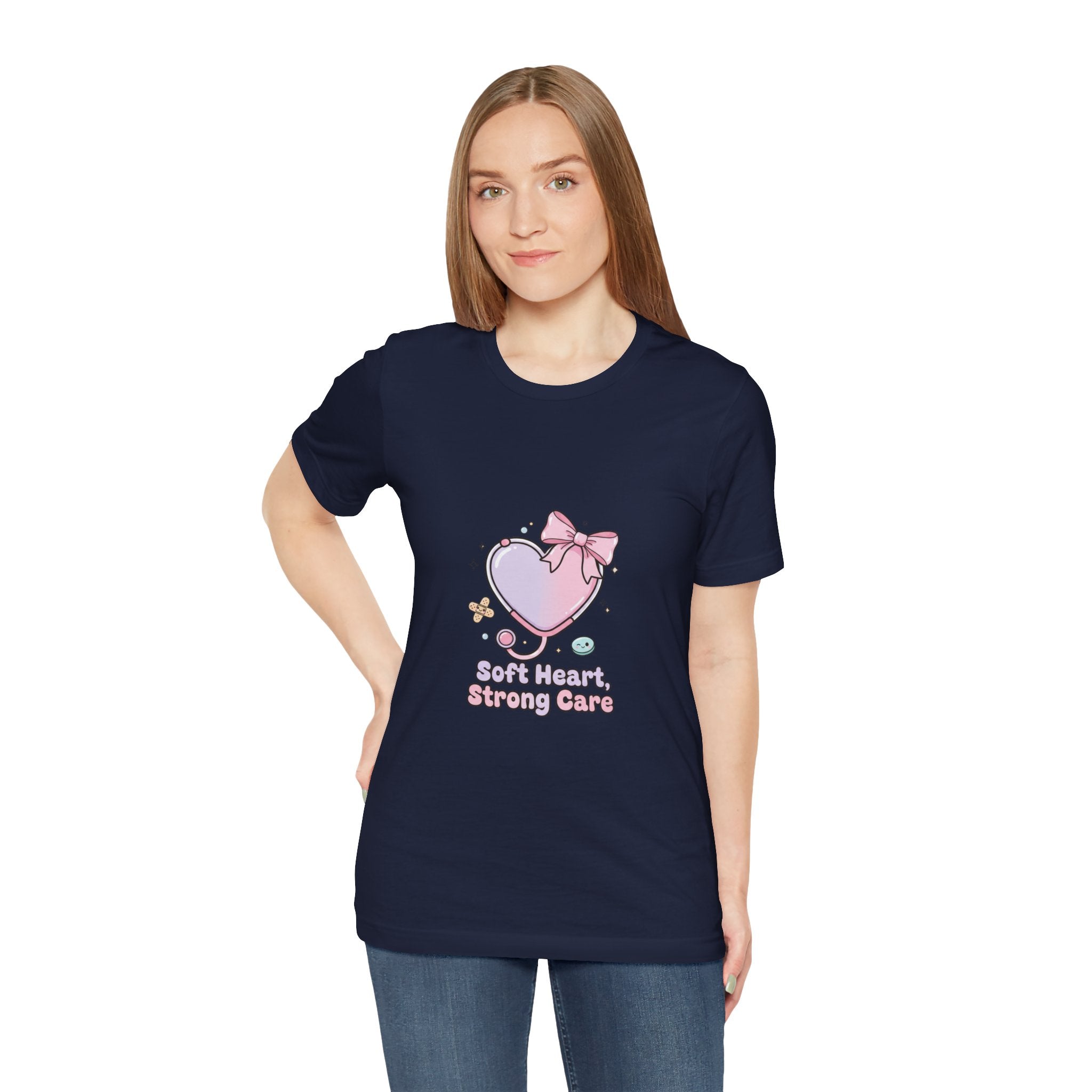 Soft Heart Strong Care T-Shirt | cute nurse graphic, pastel coquette medical shirt Navy