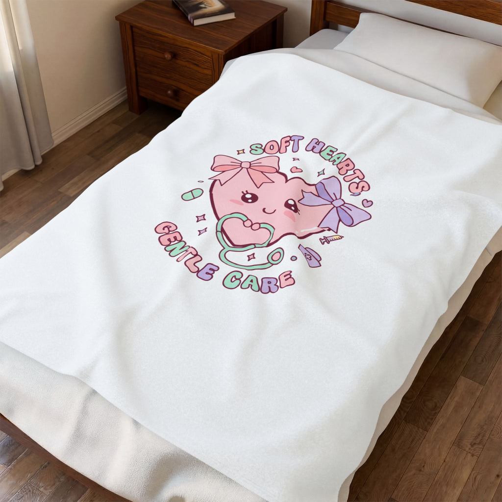 Soft Hearts Gentle Care Velveteen Plush Blanket | pastel kawaii nurse graphic, coquette medical 30" × 40"