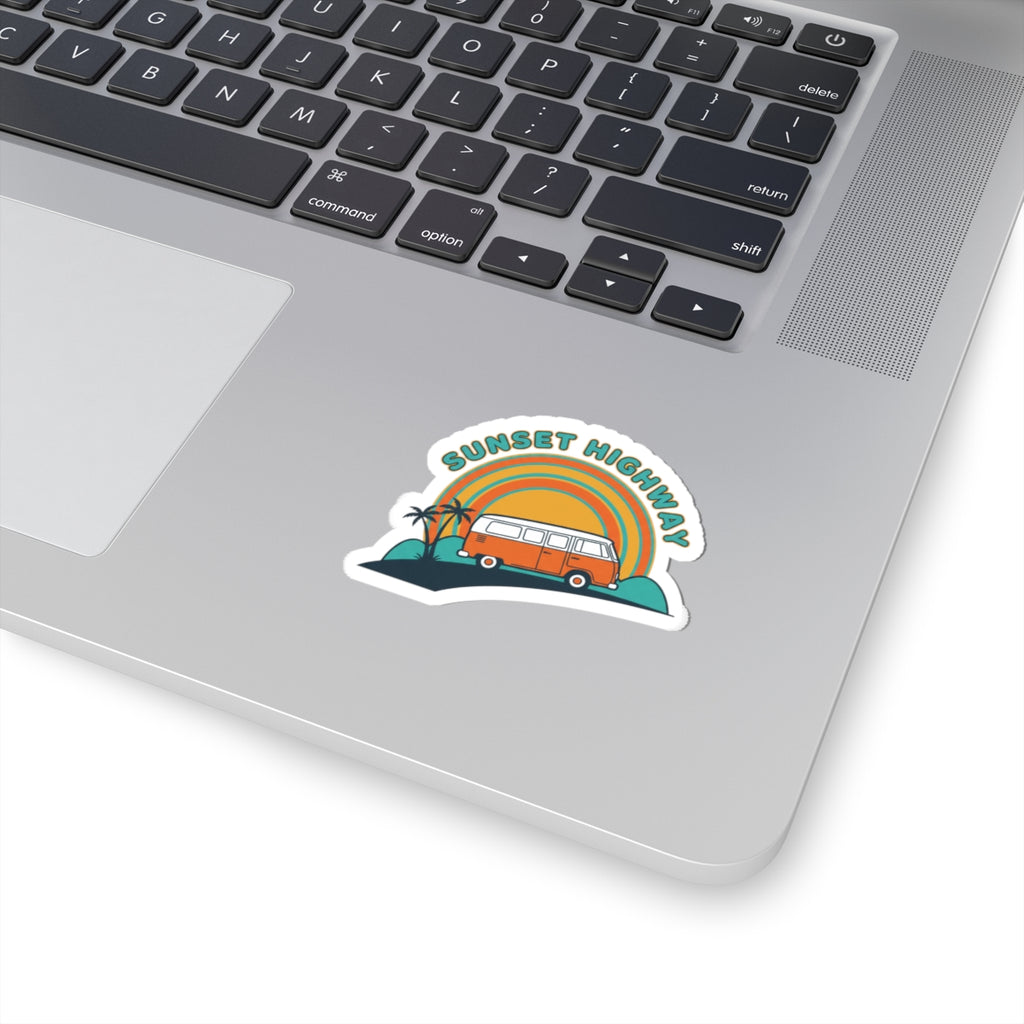Sunset Highway Van Sticker | 70s Retro Surf, Vintage Palm Postcard 2" × 2" White