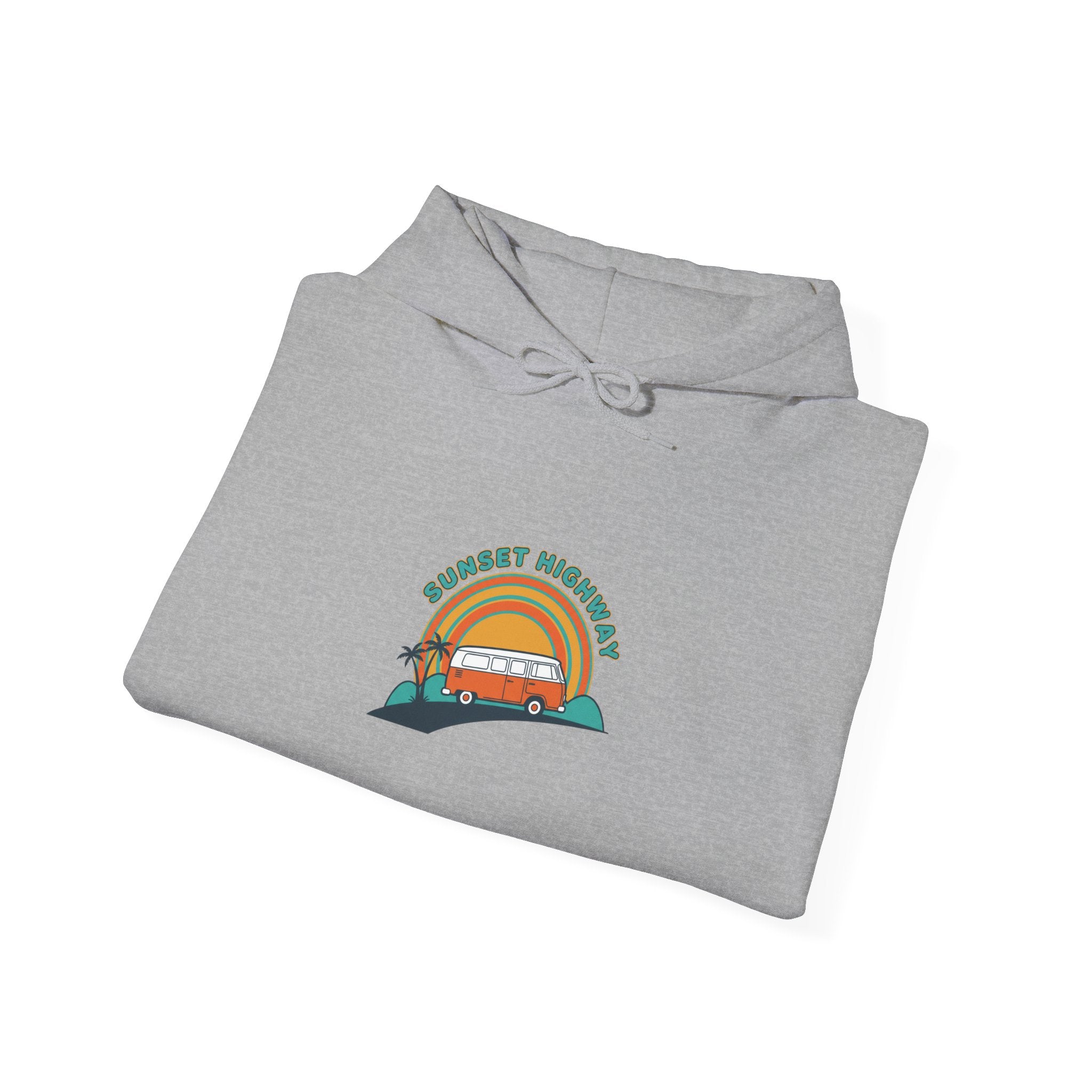 Retro 70s Sunset Surf Graphic Hoodie | Analog Sunshine, Vintage Palm Postcard Navy