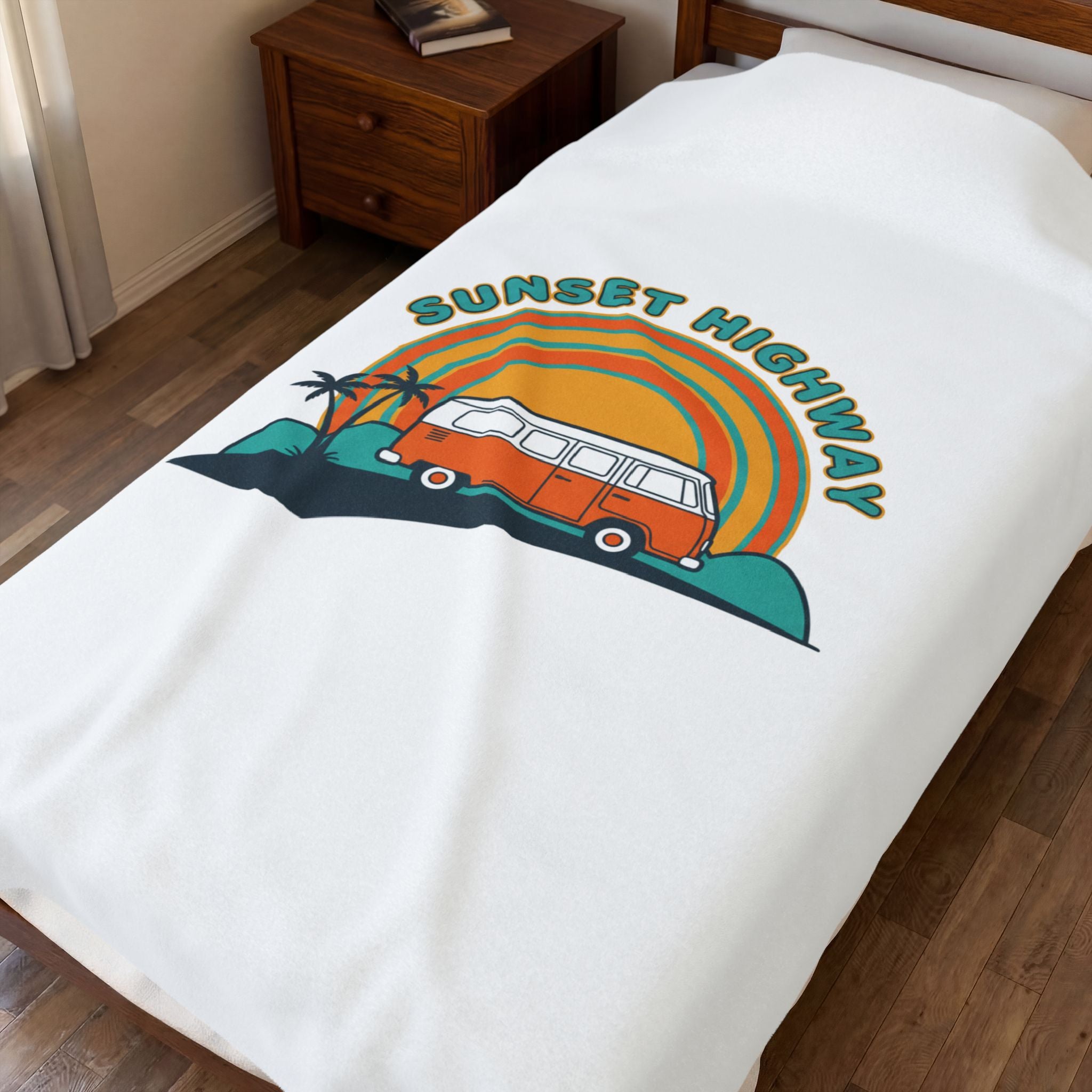 Sunset Highway van graphic Velveteen Blanket | 70s sunset, retro surf postcard