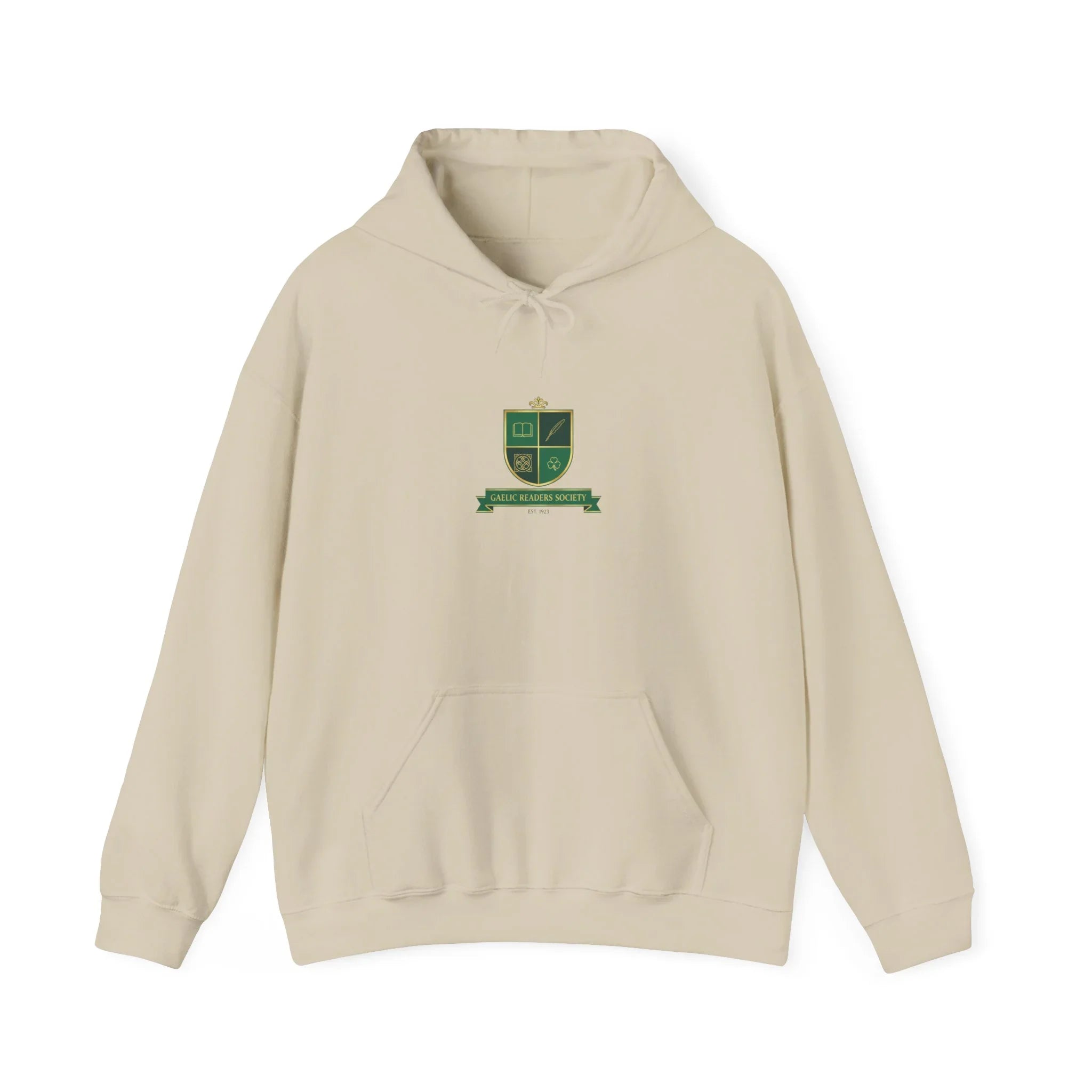 Beige hoodie with green crest and 'Garlic Readers Society' text on front