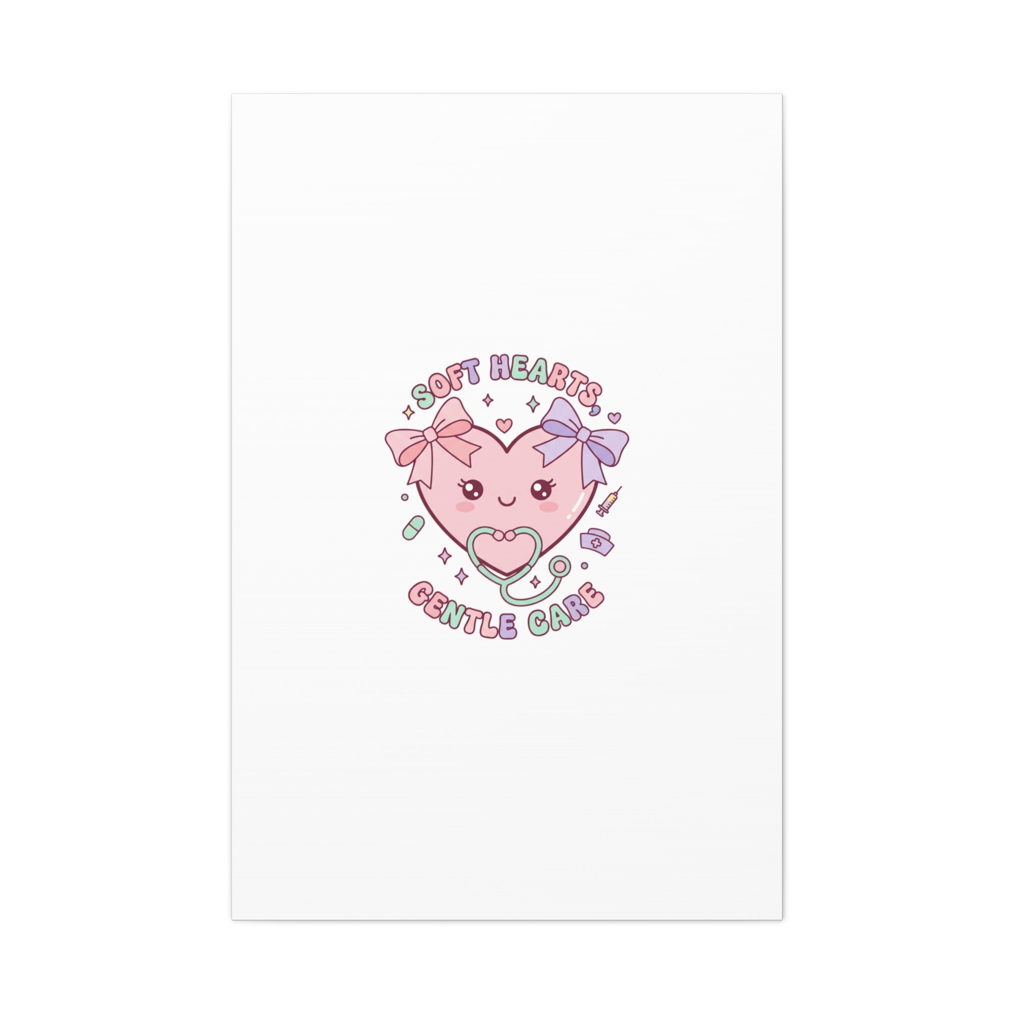 Soft Hearts Gentle Care Canvas, Cute Nurse Graphic | Pastel Coquette Medical Art 32″ x 48″ (Vertical) 1.25"