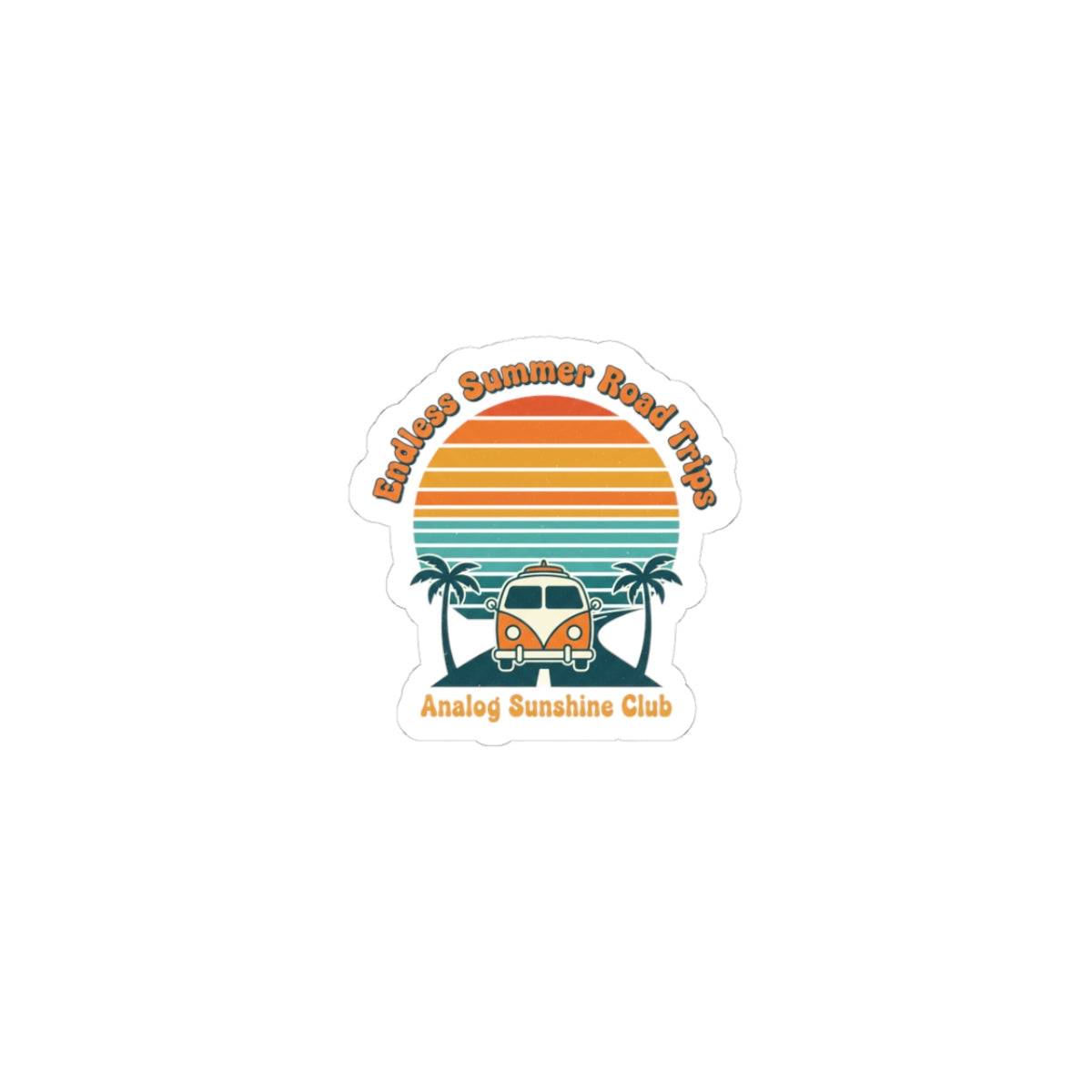 Retro VW Camper Sunset Sticker | 70s sunset, vintage palm postcard 3" × 3" White