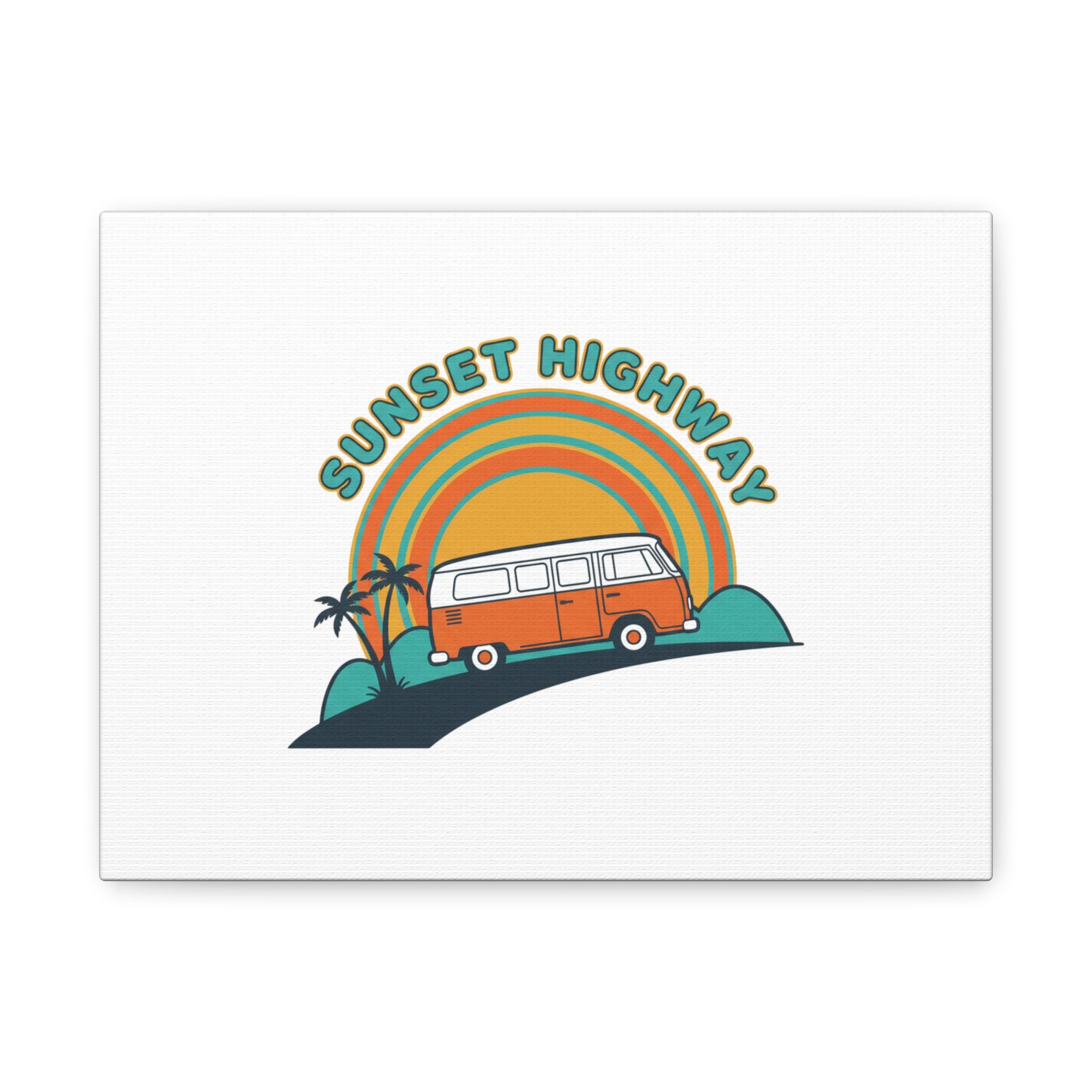 Sunset Highway Van Canvas | 1970s Retro Surf, Vintage Palm Poster 12" x 9" (Horizontal) 1.25"