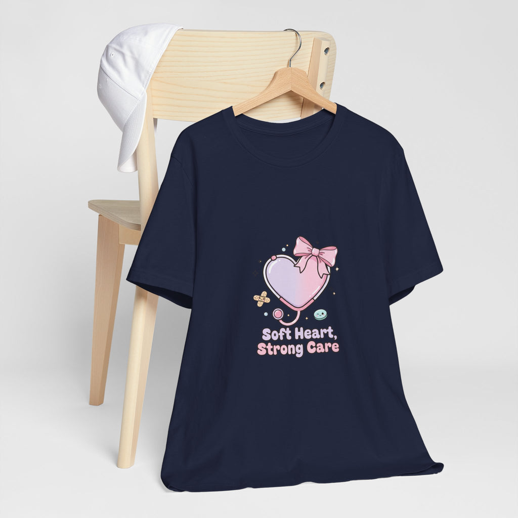 Soft Heart Strong Care T-Shirt | cute nurse graphic, pastel coquette medical shirt Navy