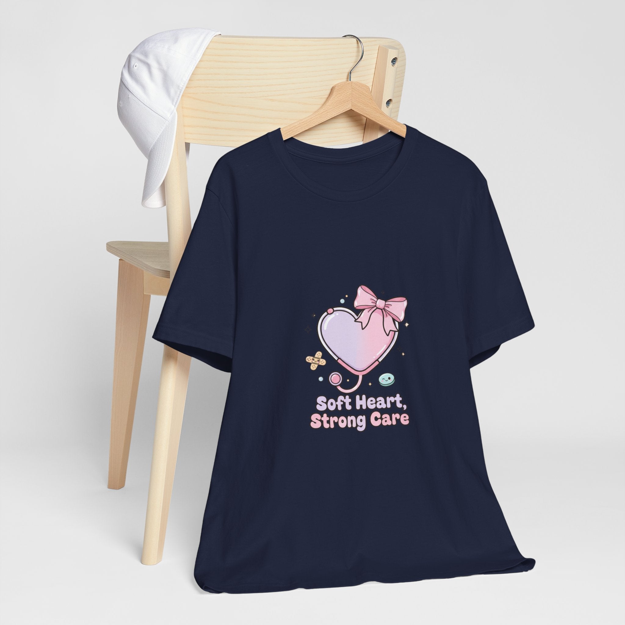 Soft Heart Strong Care T-Shirt | cute nurse graphic, pastel coquette medical shirt Navy