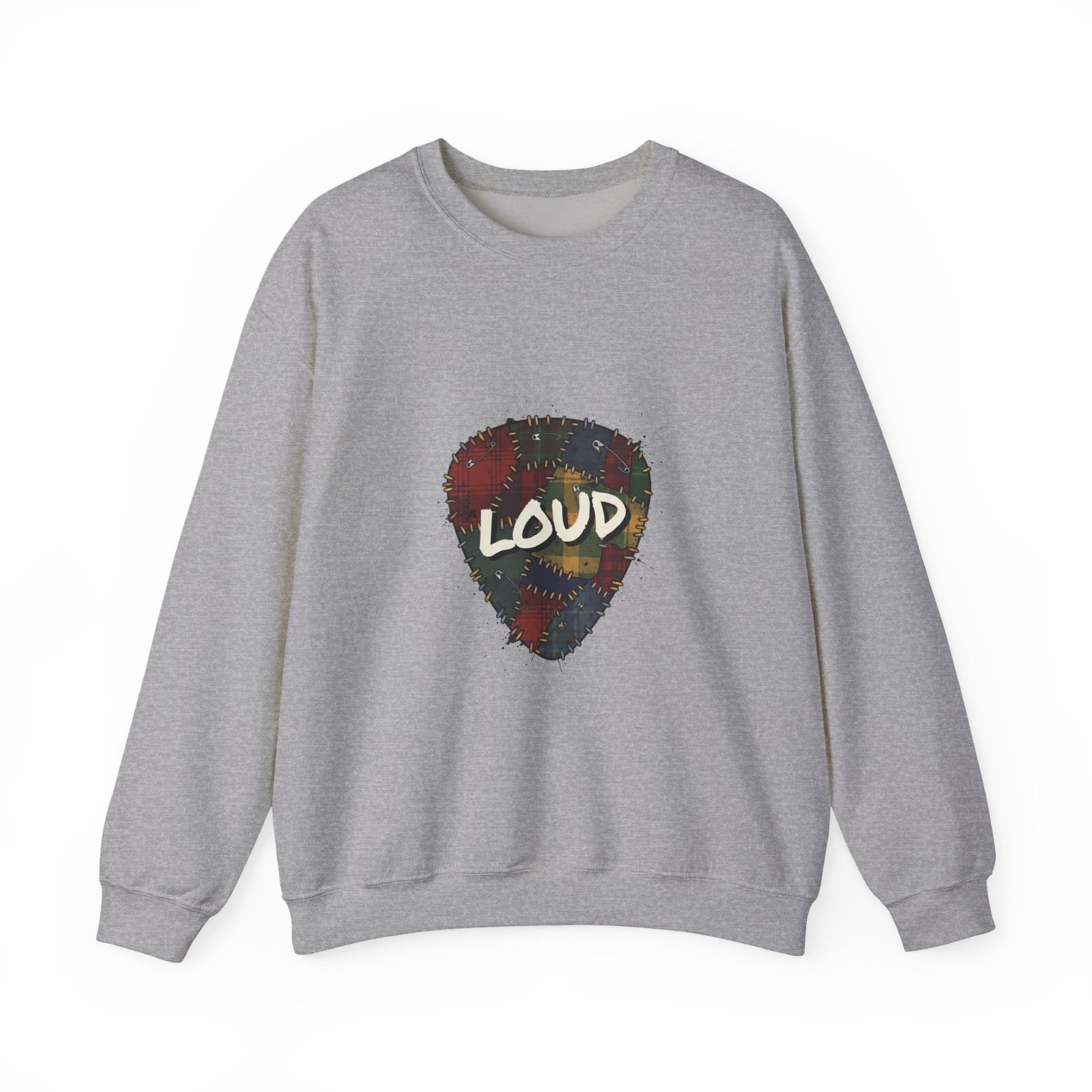 Loud Plaid Guitar Pick Crewneck Sweatshirt | Grunge Revival, 90s Flannel Aesthetic Sport Grey