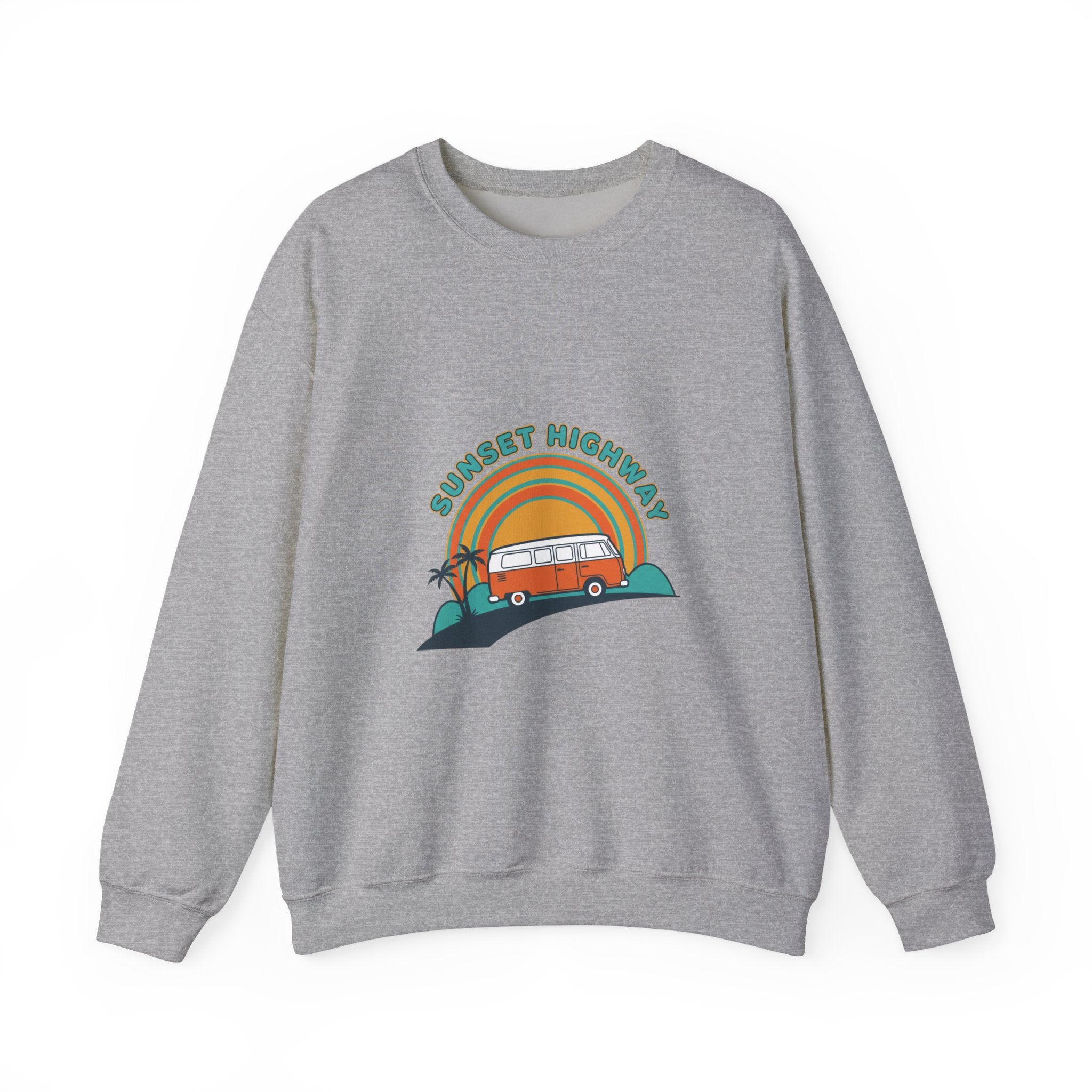 Sunset Highway Retro Surf Graphic Sweatshirt | 1970s Analog Sunshine, Vintage Palm Sport Grey
