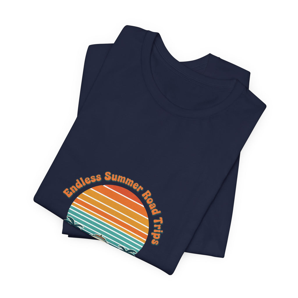 Retro 70s Sunset Surf Graphic Tee | Vintage Palm Golden Hour Postcard Navy
