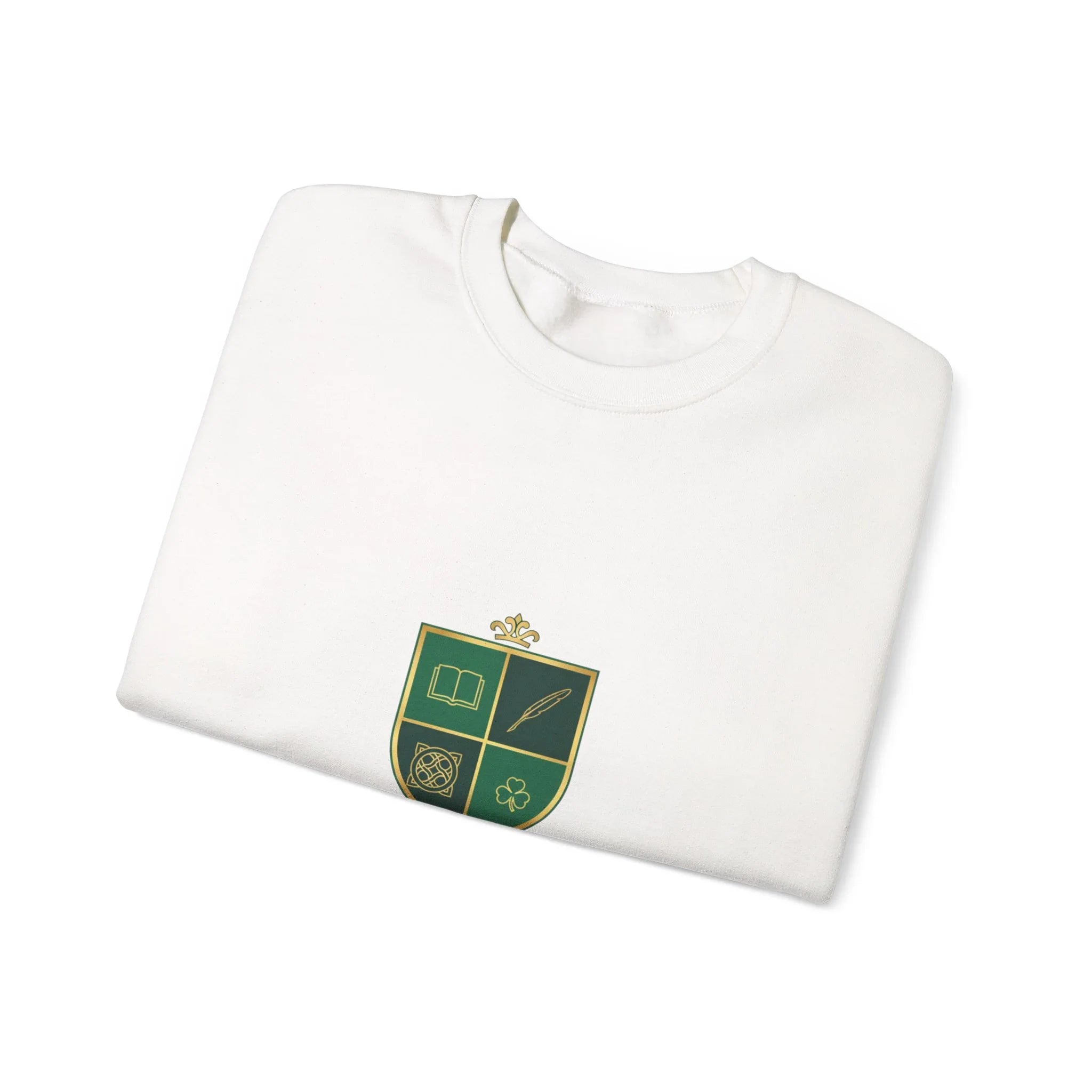 White sweatshirt with green and gold crest featuring book, quill, clover, and knotwork symbols