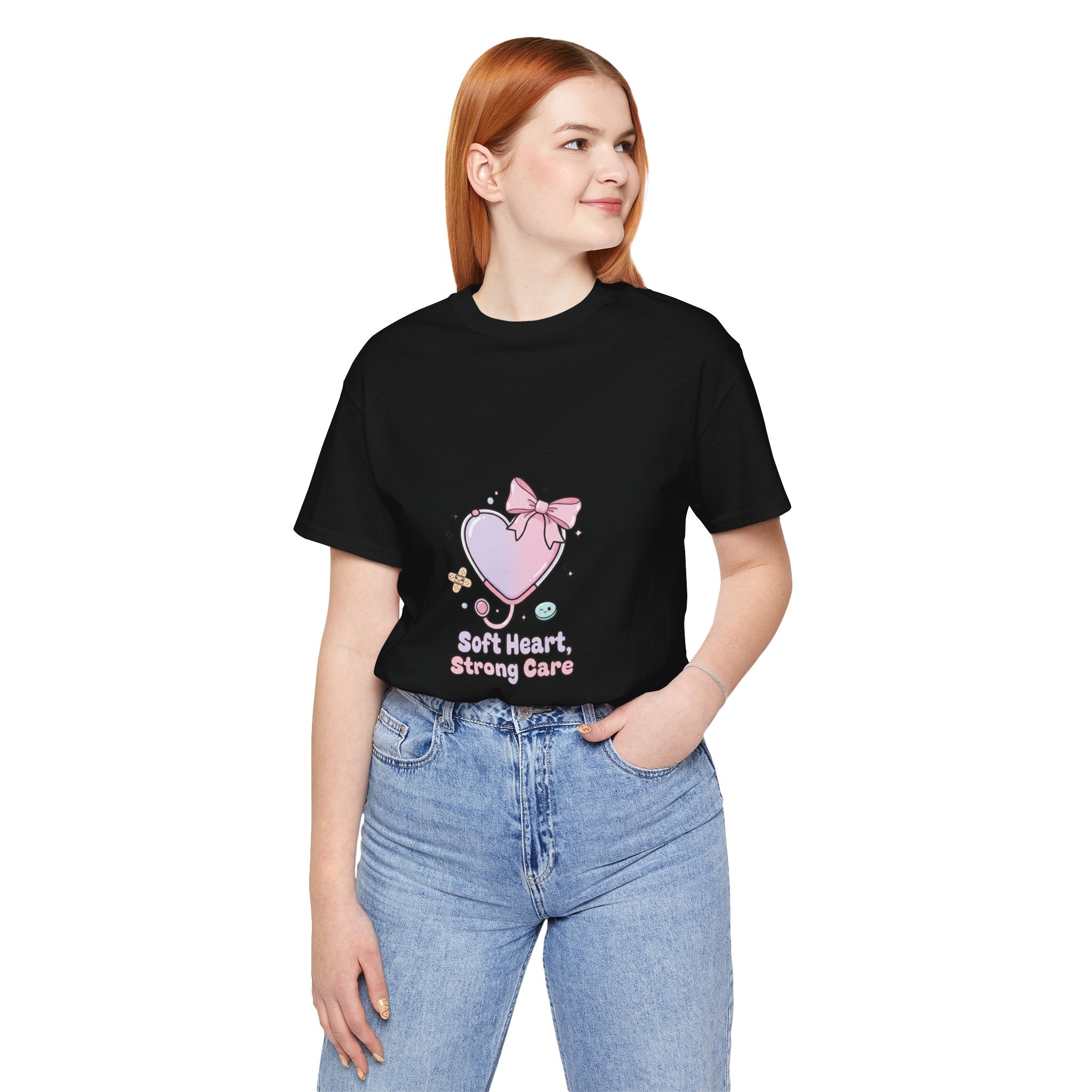 Soft Heart Strong Care T-Shirt | cute nurse graphic, pastel coquette medical shirt Navy
