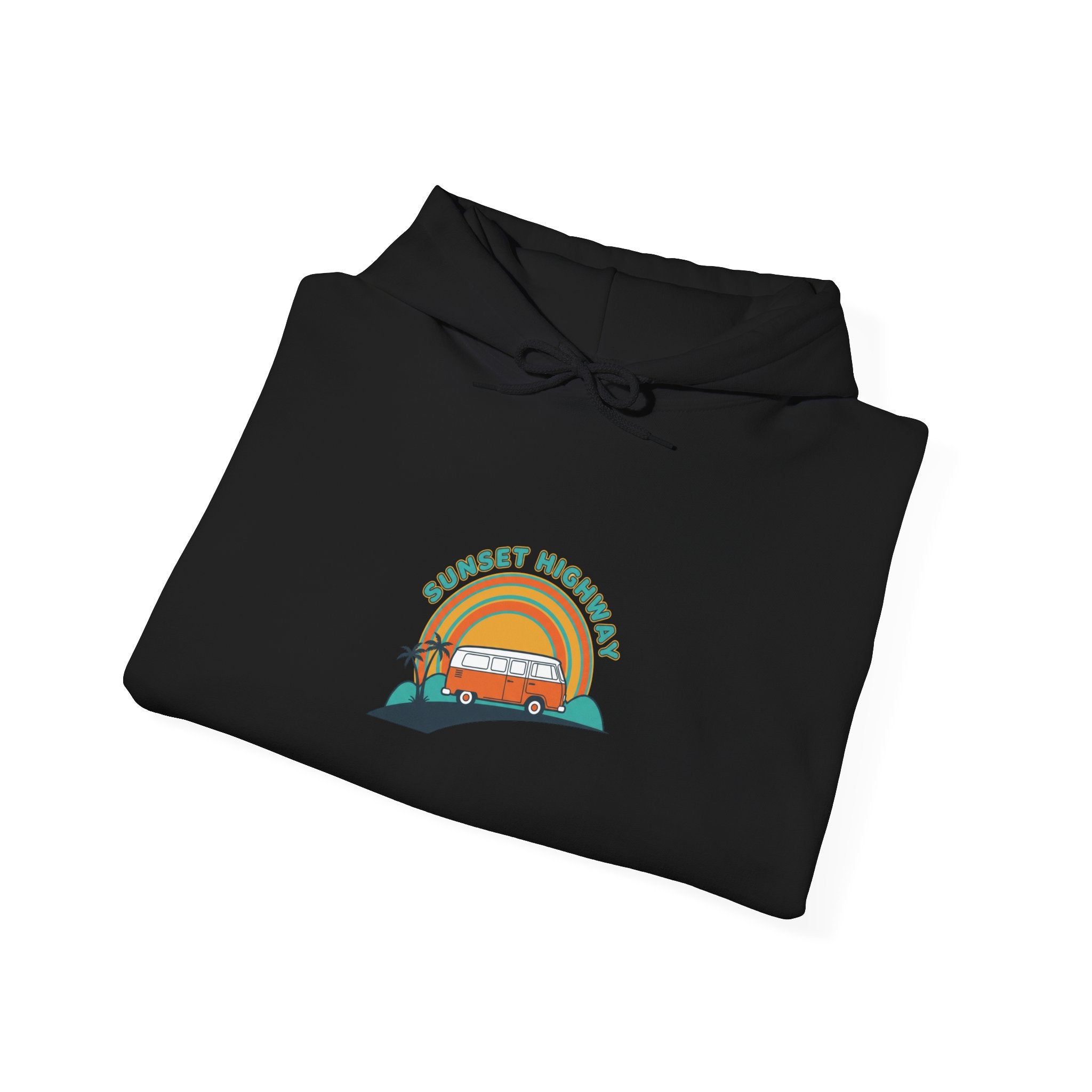 Retro 70s Sunset Surf Graphic Hoodie | Analog Sunshine, Vintage Palm Postcard Navy