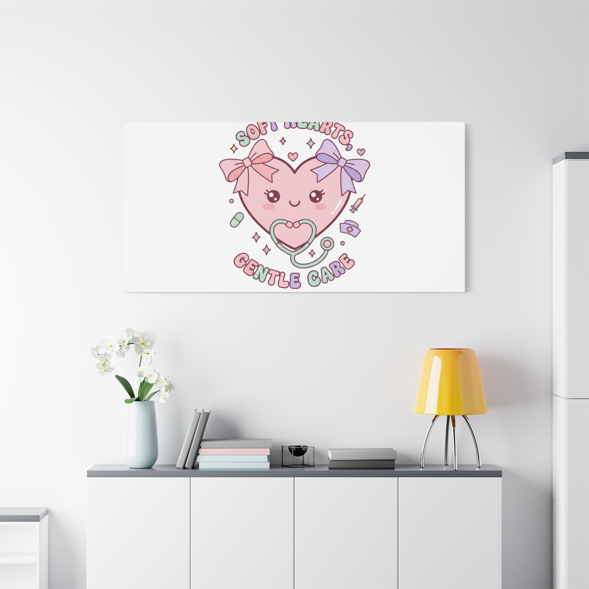 Soft Hearts Gentle Care Canvas, Cute Nurse Graphic | Pastel Coquette Medical Art 36" x 36" 1.25"