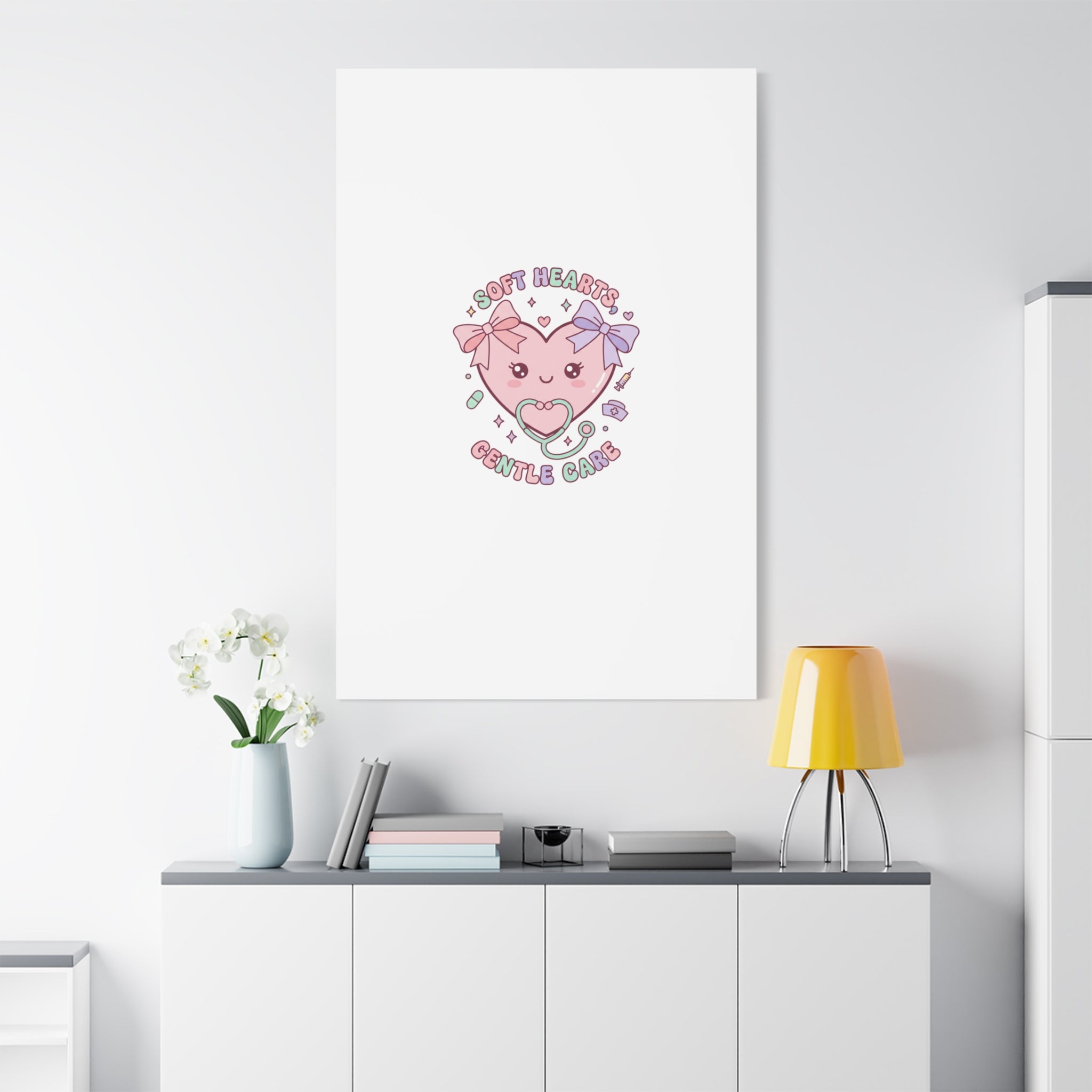 Soft Hearts Gentle Care Canvas, Cute Nurse Graphic | Pastel Coquette Medical Art 36" x 36" 1.25"