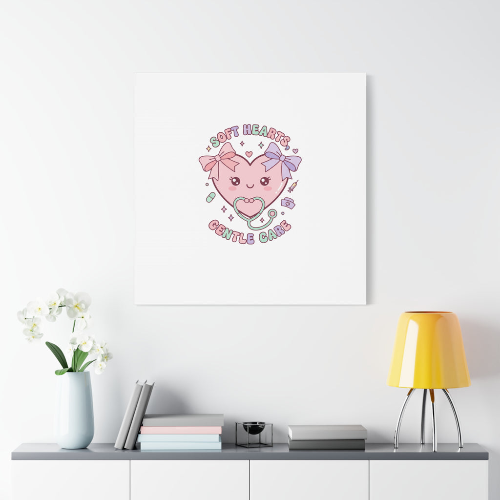 Soft Hearts Gentle Care Canvas, Cute Nurse Graphic | Pastel Coquette Medical Art 36" x 36" 1.25"